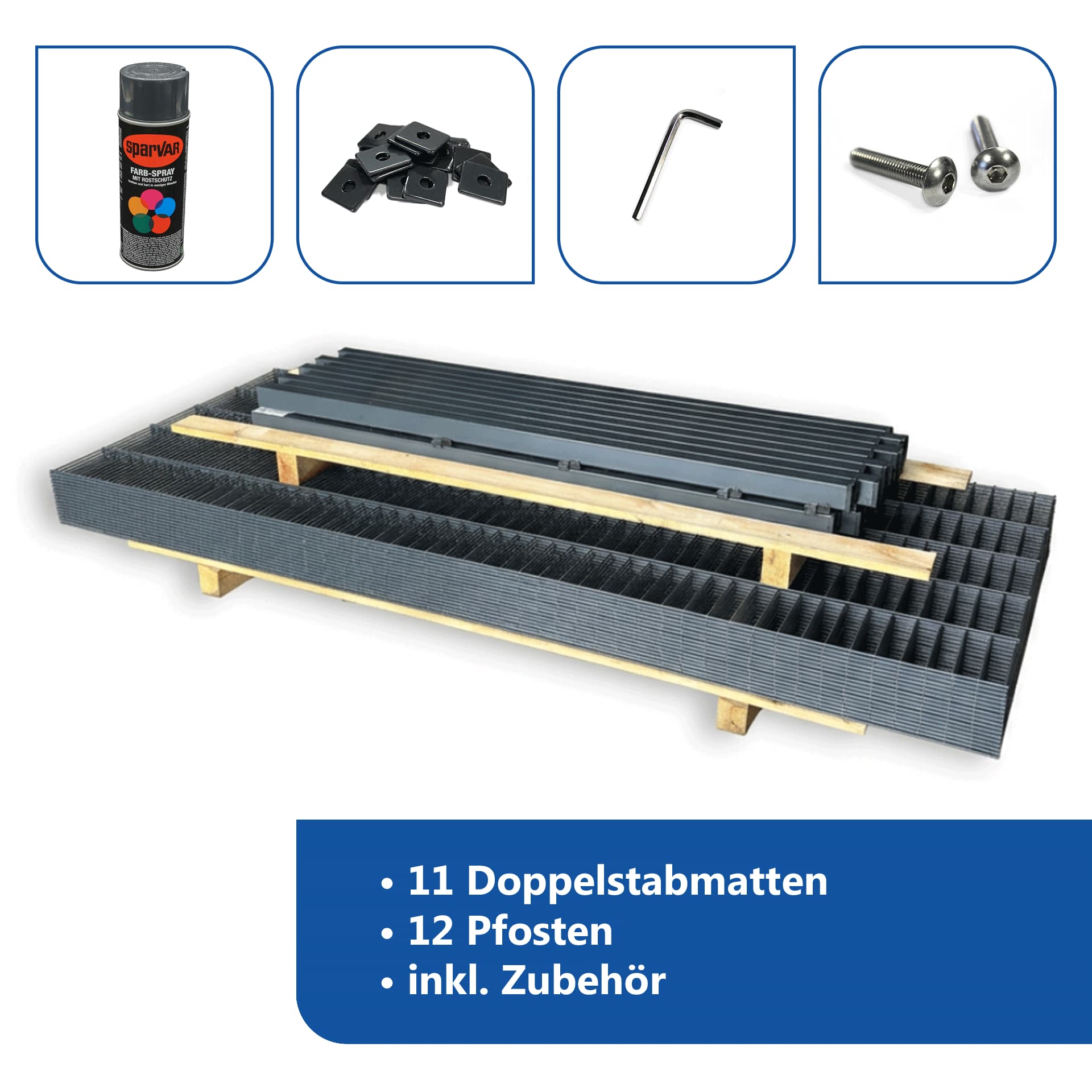 Zaunset 27,5 m mit Doppelstabmatten, Pfosten und Zaunzubehör in Anthrazit.
