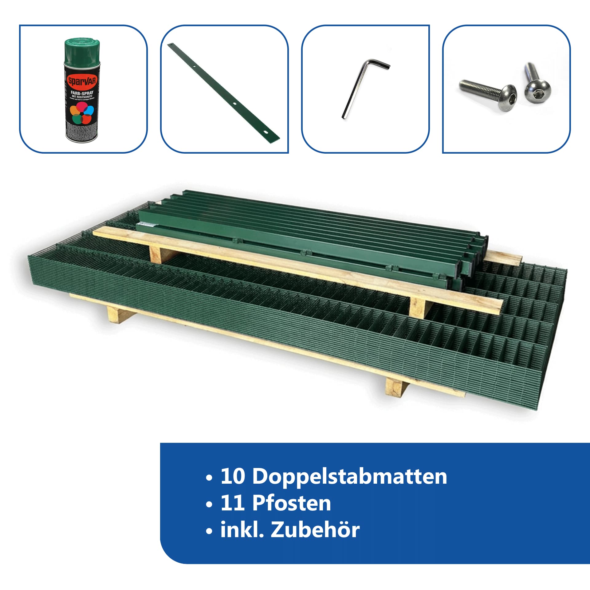 25 m Zaunset mit Doppelstabmatten 8/6/8, Pfosten und Zubehör in RAL6005