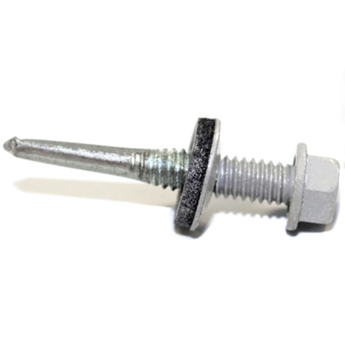 Sechskantbohrschraube 5,5x35mm mit RAL 9006 in rostfreiem Metall, roter Kopf und Dichtungsscheibe für Trapezblechbefestigung im Bauwesen.