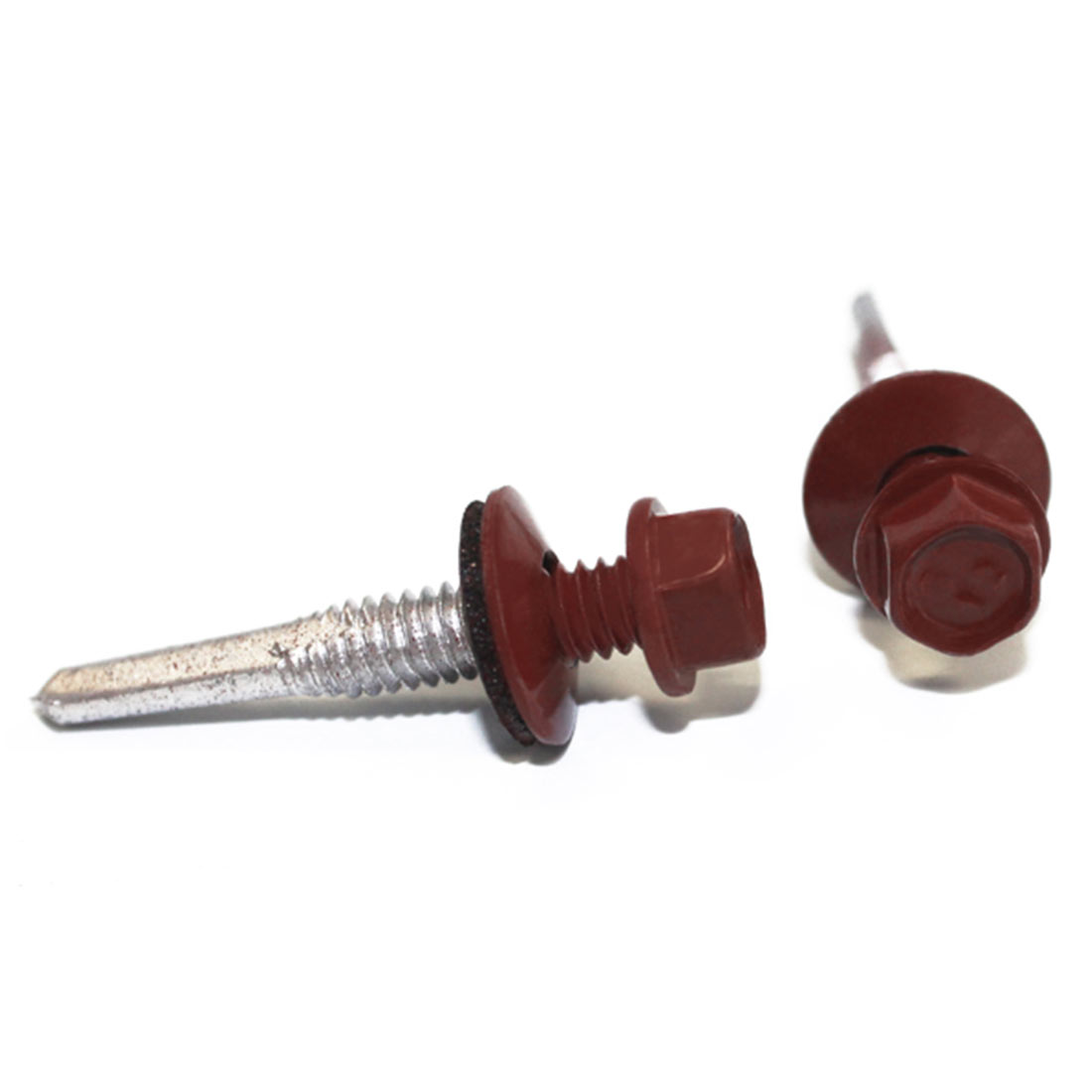 Sechskantbohrschraube 5,5x35mm mit RAL 8012 in rostfreiem Metall, roter Kopf und Dichtungsscheibe für Trapezblechbefestigung im Bauwesen.