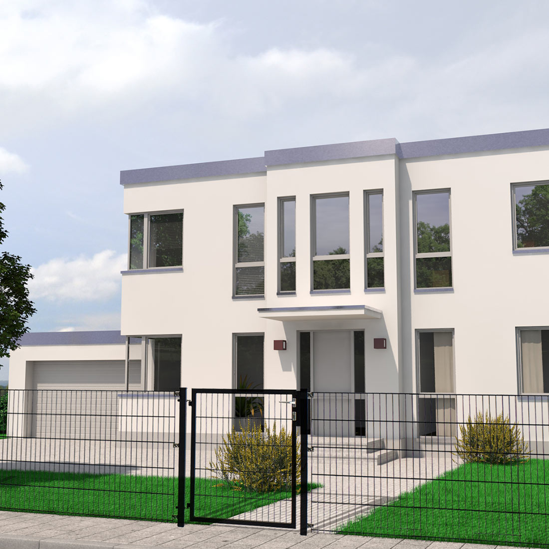 Modernes, zweistöckiges Haus mit flachem Dach; große Fenster; gepflasterter Eingang; schwarzes Metalltor; gepflegter Rasen; heller Himmel.