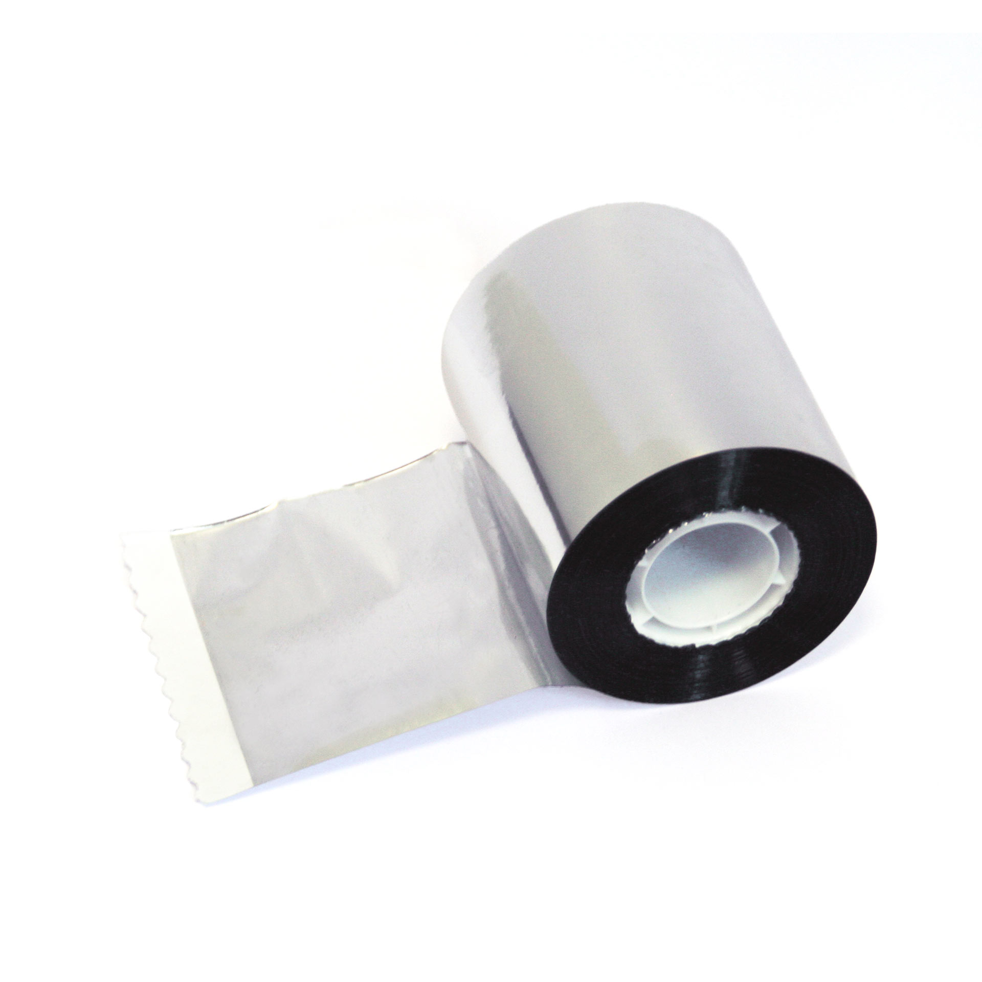 Lichtplatten Reflektionsband (PP-Aluband), 100 m Rolle Aluminium-Klebeband, teilweise entrollt, mit glänzender silberner Oberfläche und weißem Kunststoffkern, auf hellem Hintergrund. Ideal zum Abdichten und für Reparaturen.