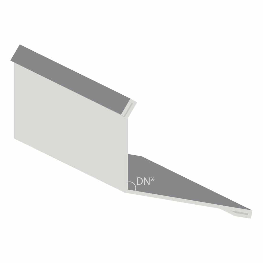 Graualuminium Stirnblech Wandanschluss mit RAL9007 Farbe, rechteckiger Kantenflansch und spitz zulaufendem Ende, gekennzeichnet mit "DN*", gegen weißen Hintergrund.