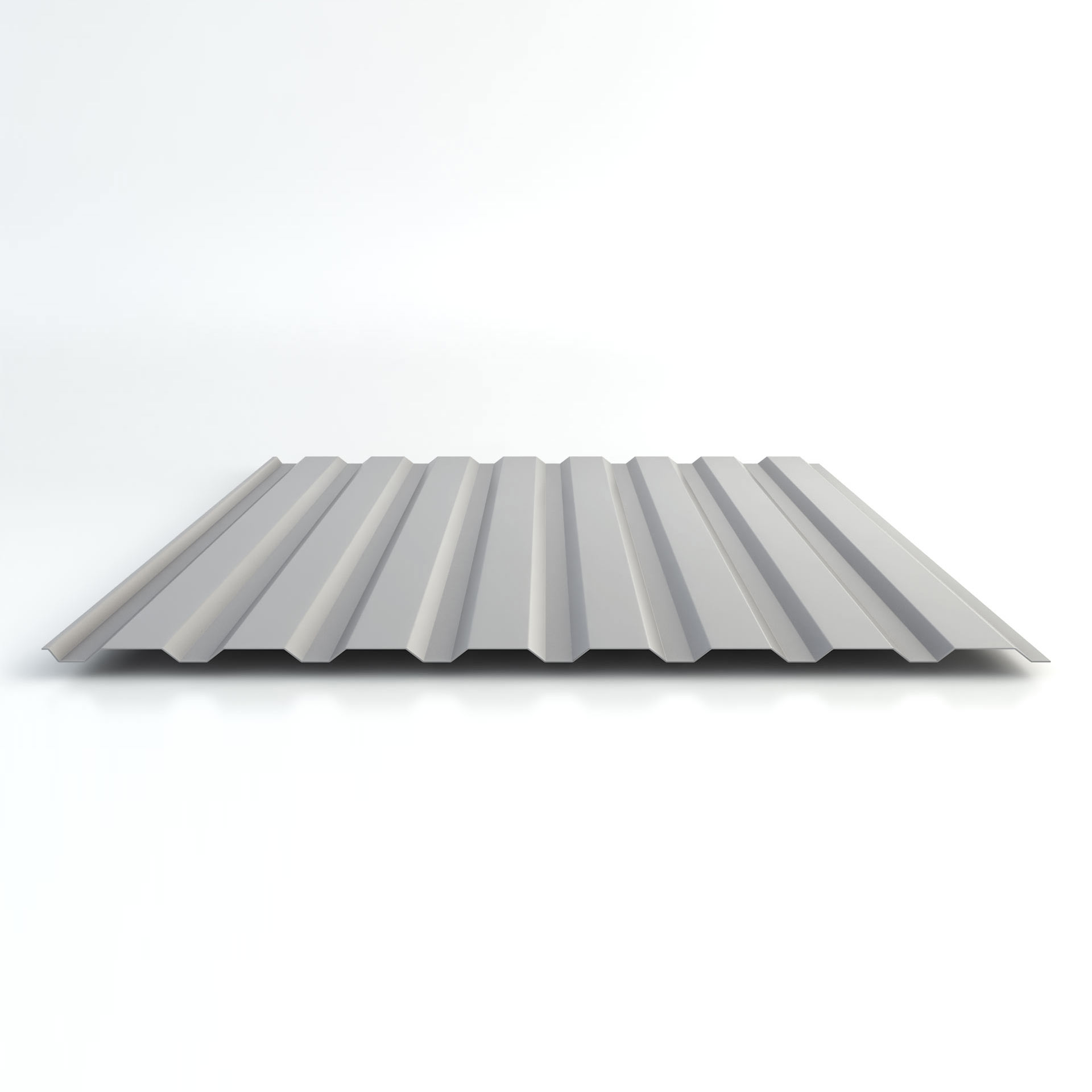 Trapezblech mit Profil 19/137, Farbe RAL 9006, für Wandverkleidung. Rechteckiges, wellenförmiges Metallblech mit mattem Finish auf weißem Hintergrund.