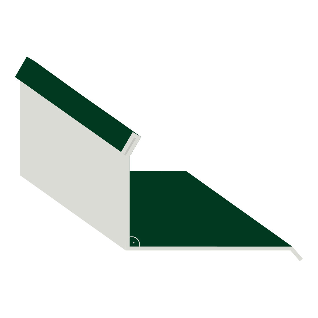 Abbildung eines dunkelgrünen Wandanschlussprofils, seitliche Ansicht, mit einem Winkel, der die Verbindung zwischen Dachziegel und Wand zeigt, Farbe 6009.