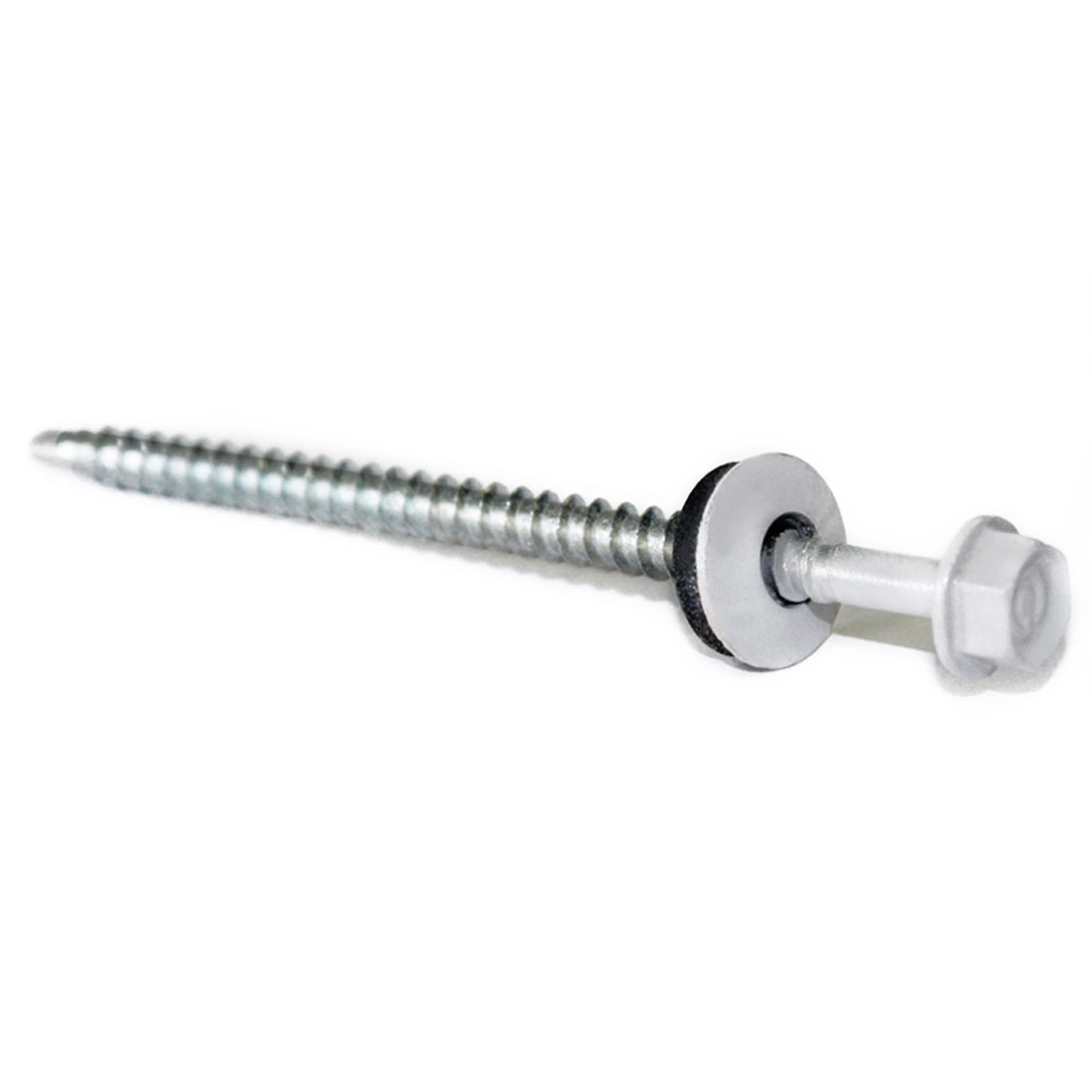 Sechskantbohrschraube 4,8x80 mm mit RAL 9002 in rostfreiem Metall, Grauweißer Kopf und Dichtungsscheibe für Trapezblechbefestigung im Bauwesen.