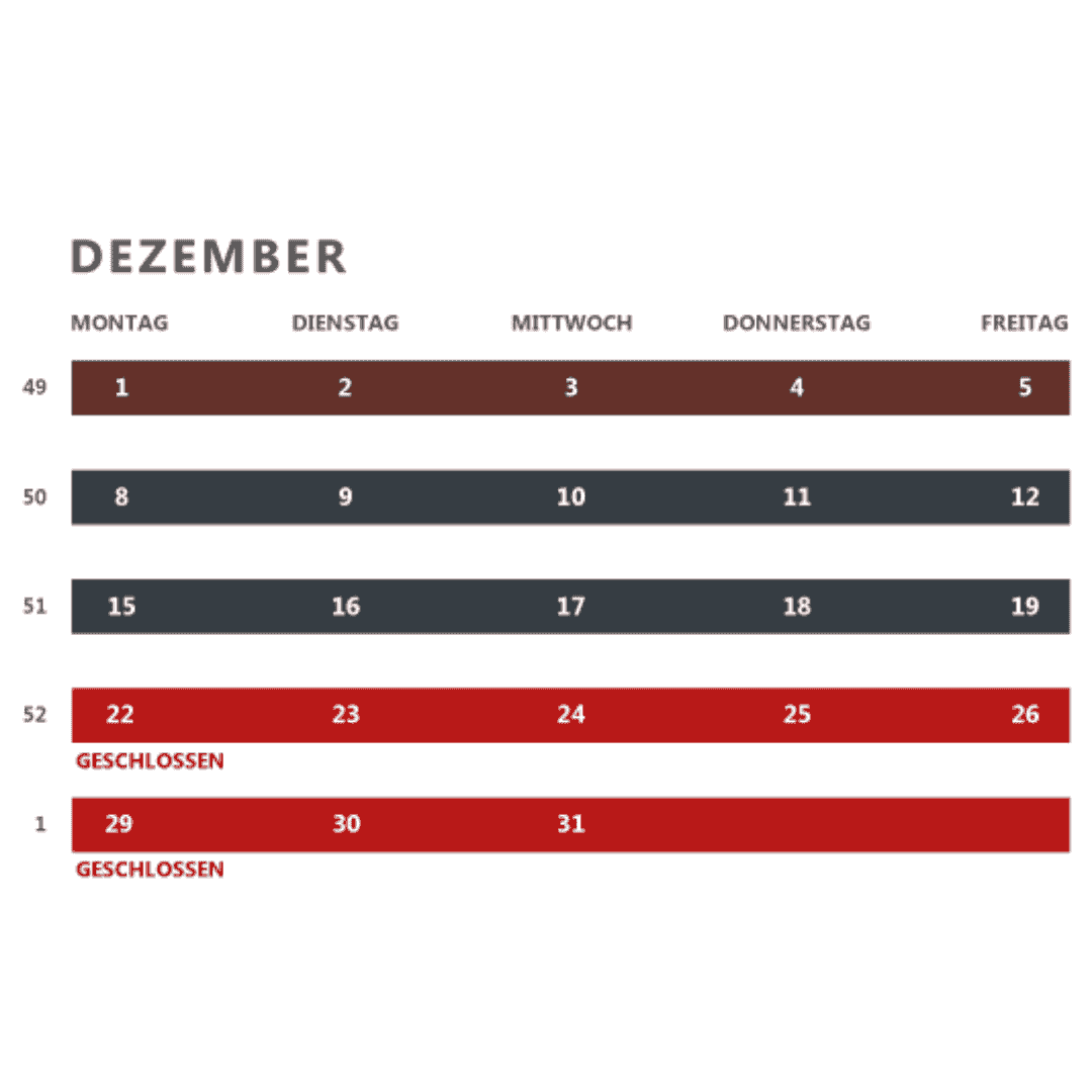 Kalenderübersicht Werksverkauf Dezember 2025