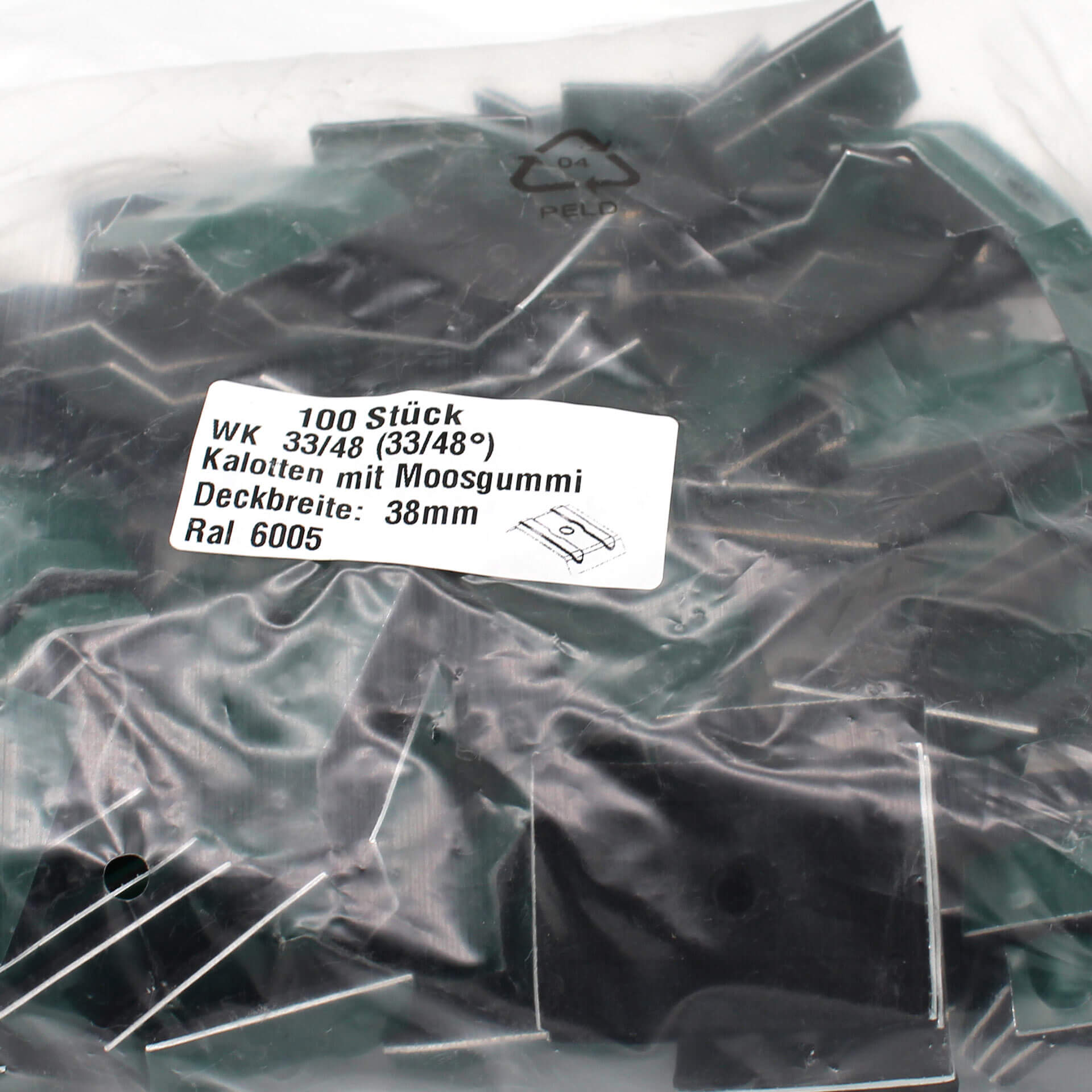 Verpackung mit Kalotten in Moosgrün, 33/48. Auf dem Aufkleber steht der Inhalt und technische Daten.