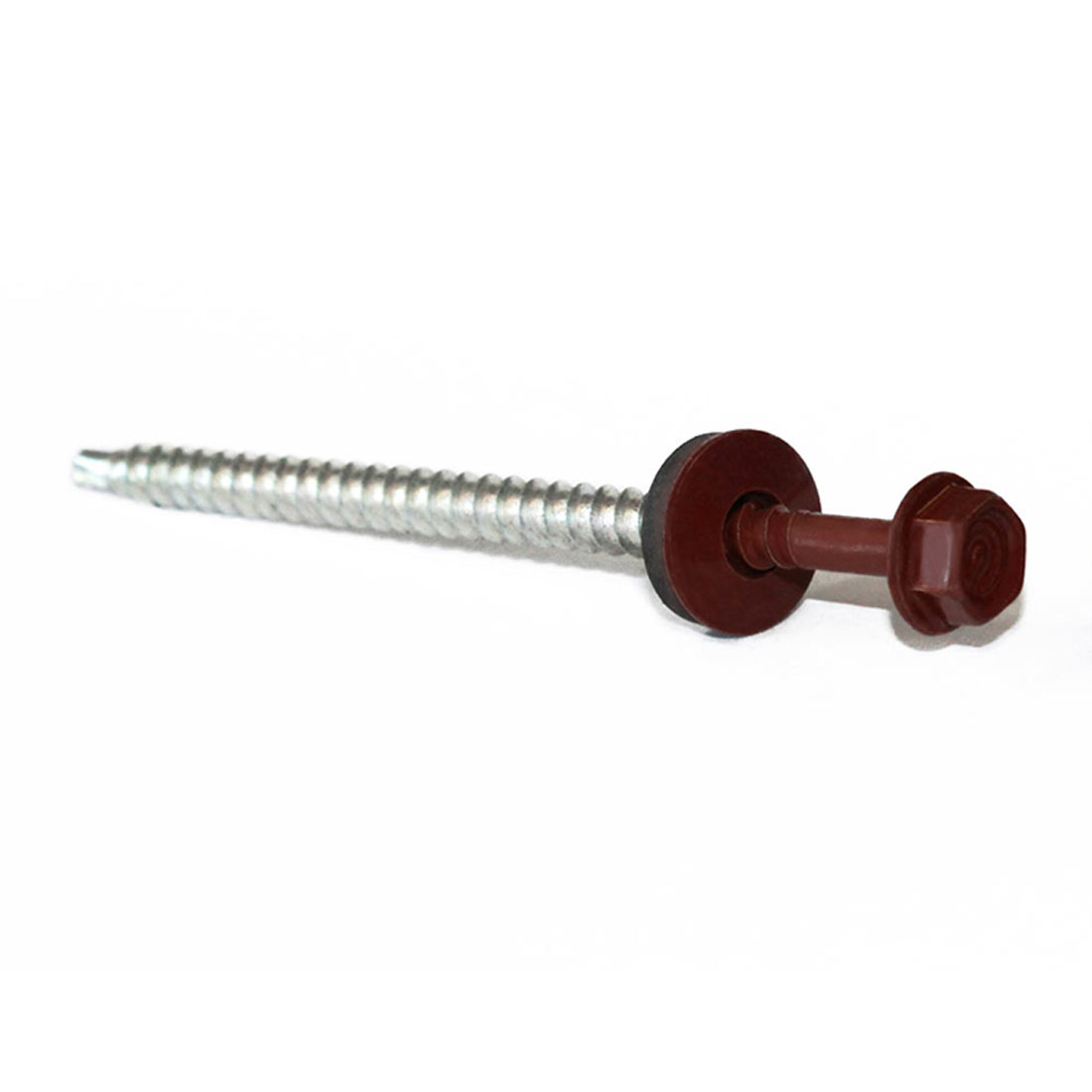 Sechskantbohrschraube 4,8x80 mm mit RAL 8012 in rostfreiem Metall, Rotbrauner Kopf und Dichtungsscheibe für Trapezblechbefestigung im Bauwesen.