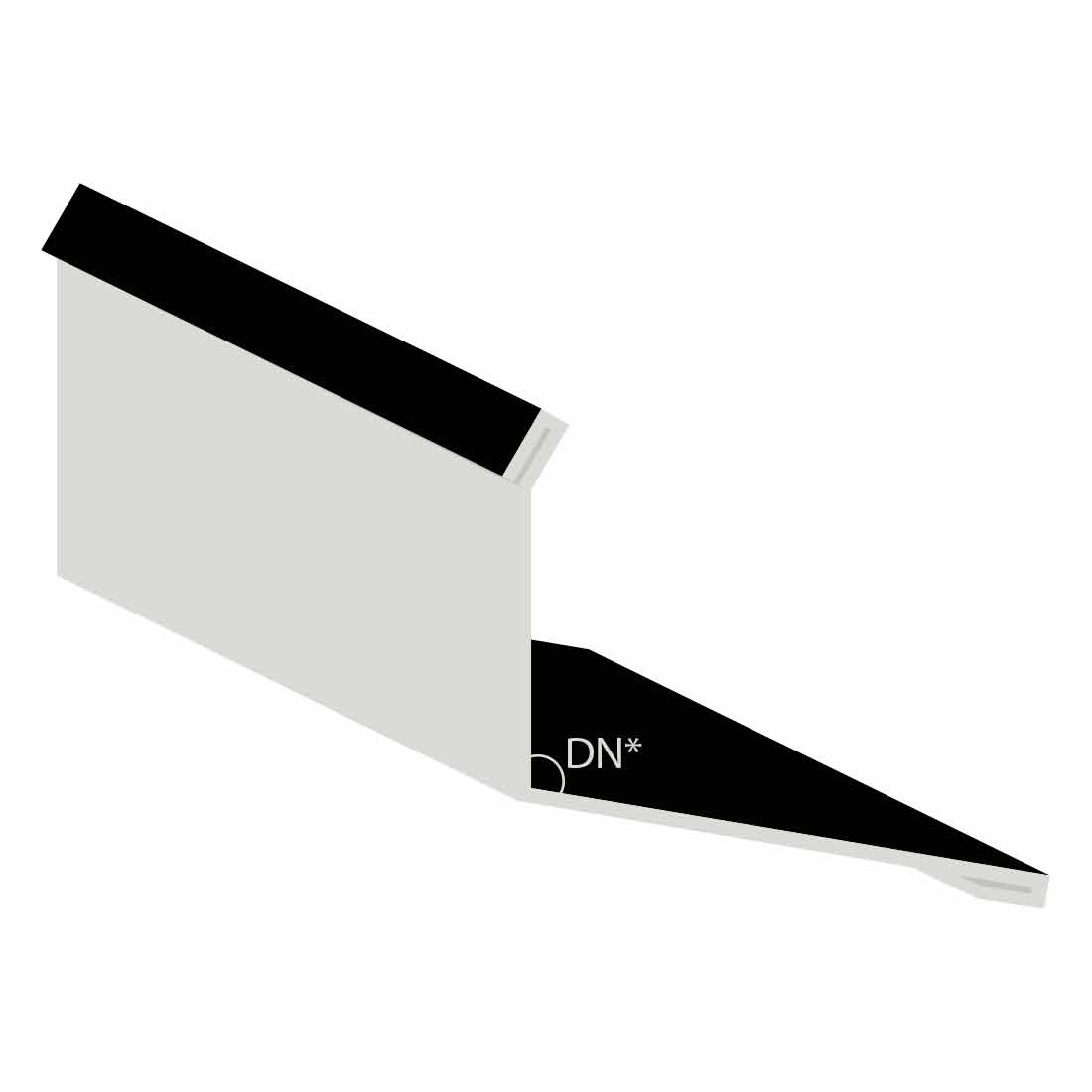 Tiefschwarzes Stirnblech Wandanschluss mit RAL9005 Farbe, rechteckiger Kantenflansch und spitz zulaufendem Ende, gekennzeichnet mit "DN*", gegen weißen Hintergrund.