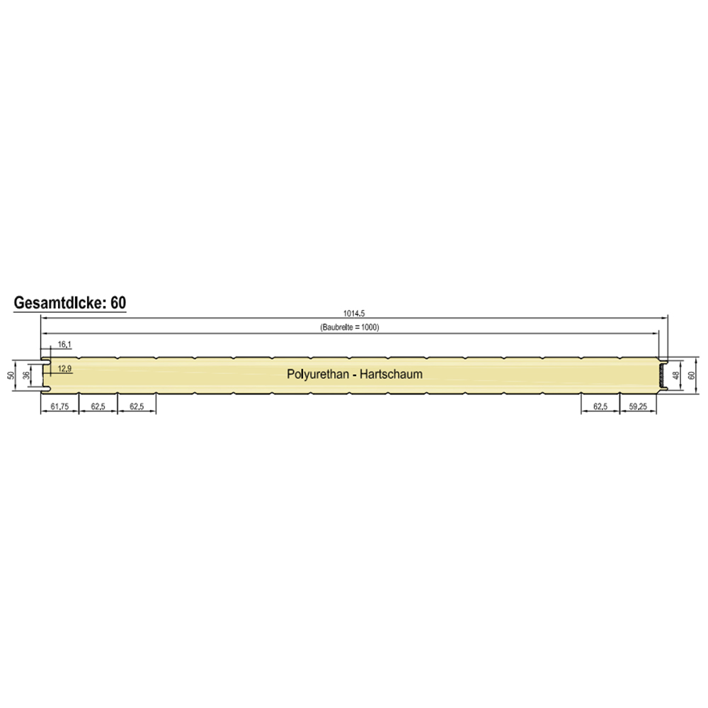 Wandpaneel als Querschnitt mit Abmessungen in der Gesamtdicke 60 mm