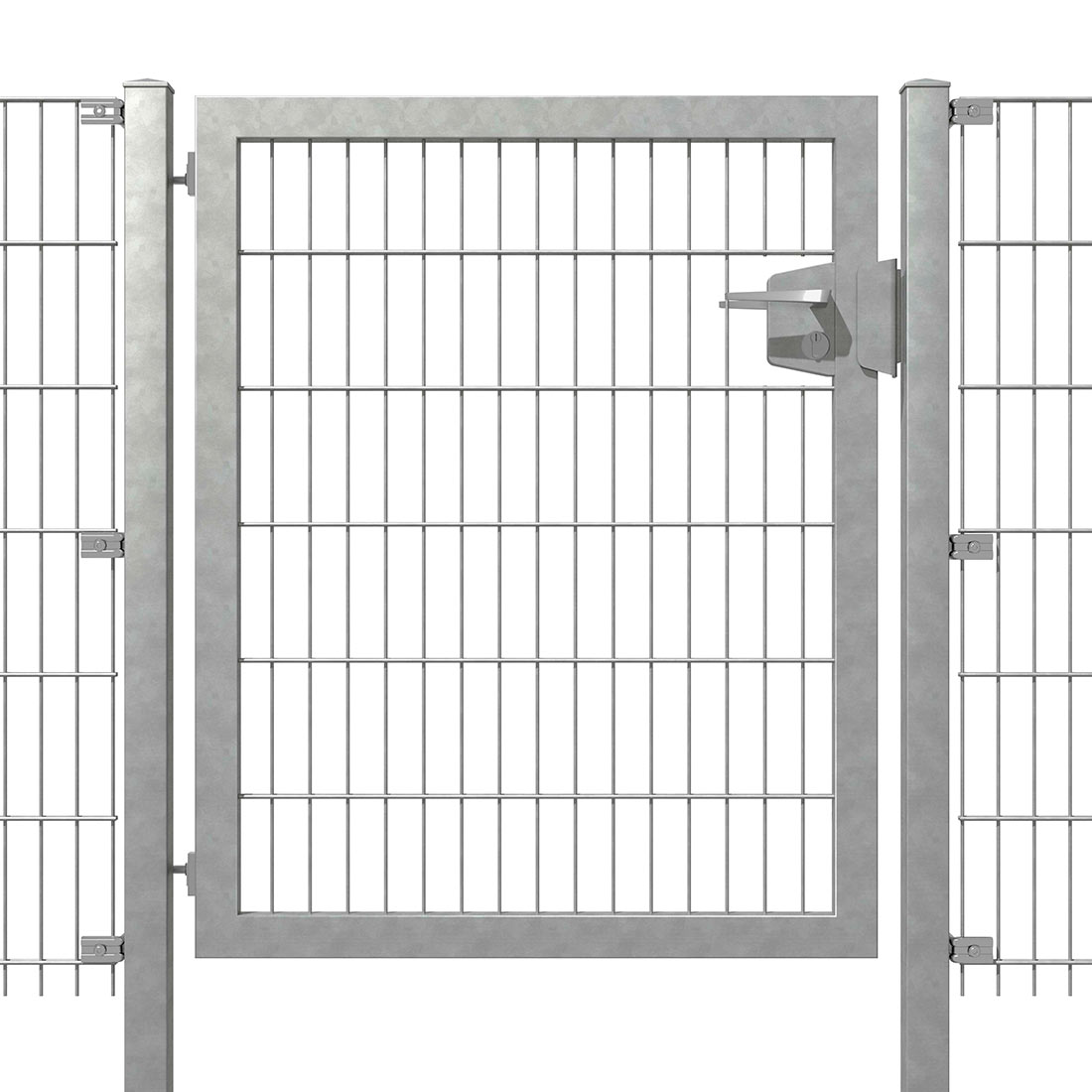 Metallisches Einzelflügel-Drehflügeltor, verzinkt, mit vertikalen Gitterstäben und robustem Riegel, geeignet für industrielle Anwendungen.