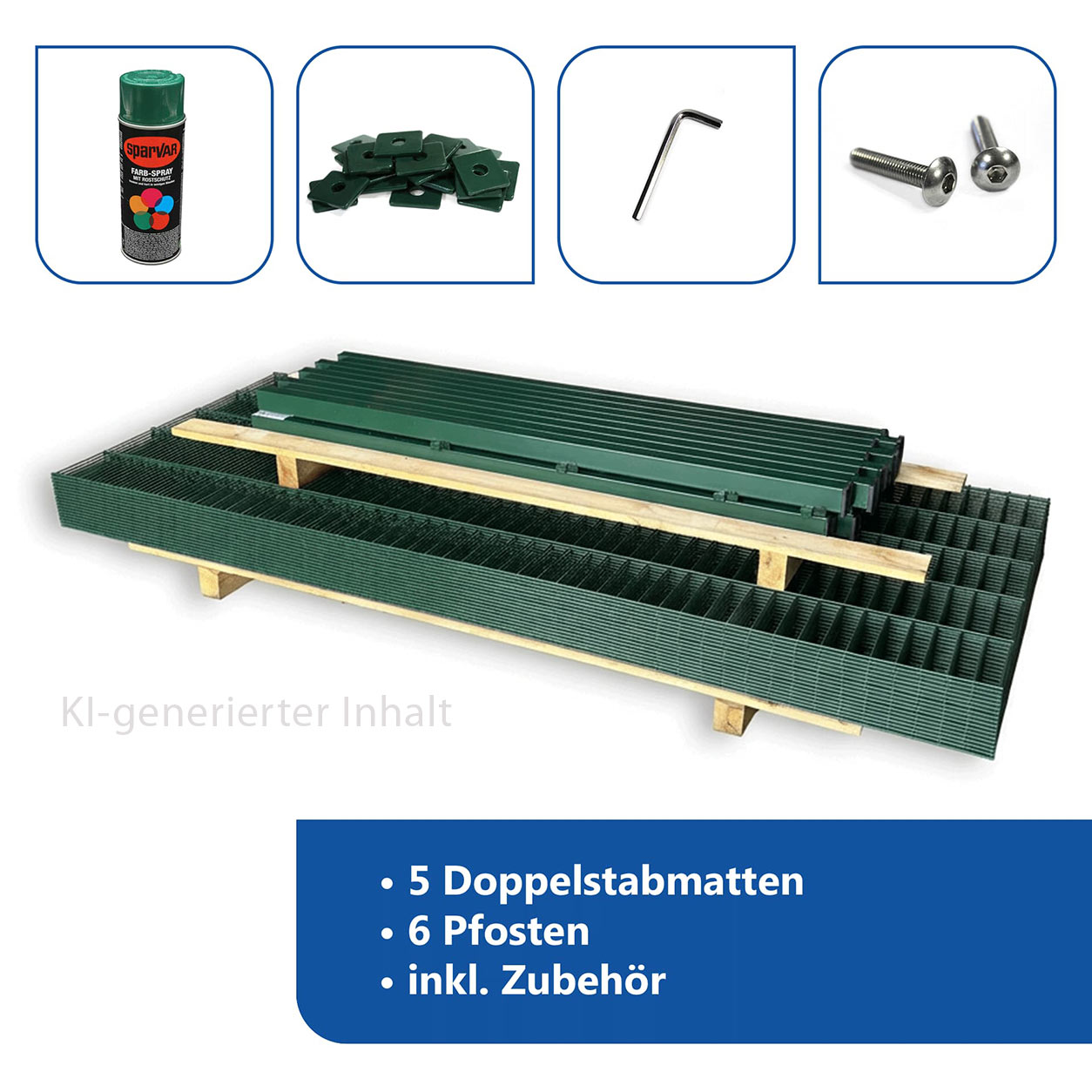 Zaunset 12,5 m mit Doppelstabmatten, Pfosten und Zaunzubehör in Grün. Dieser Inhalt ist KI-generiert.