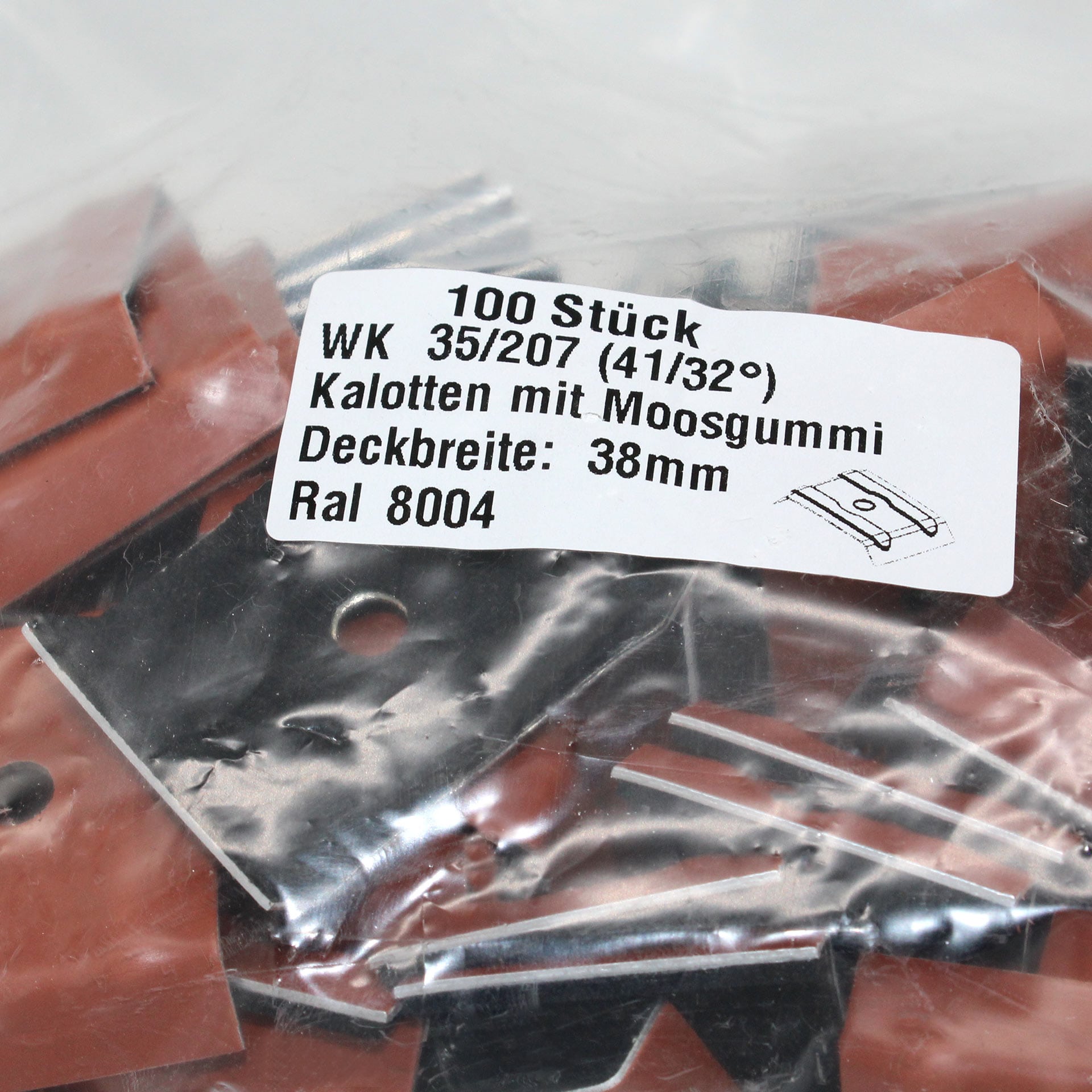 Verpackung mit Kalotten in Kupferbraun. Auf dem Aufkleber steht der Inhalt und technische Daten.