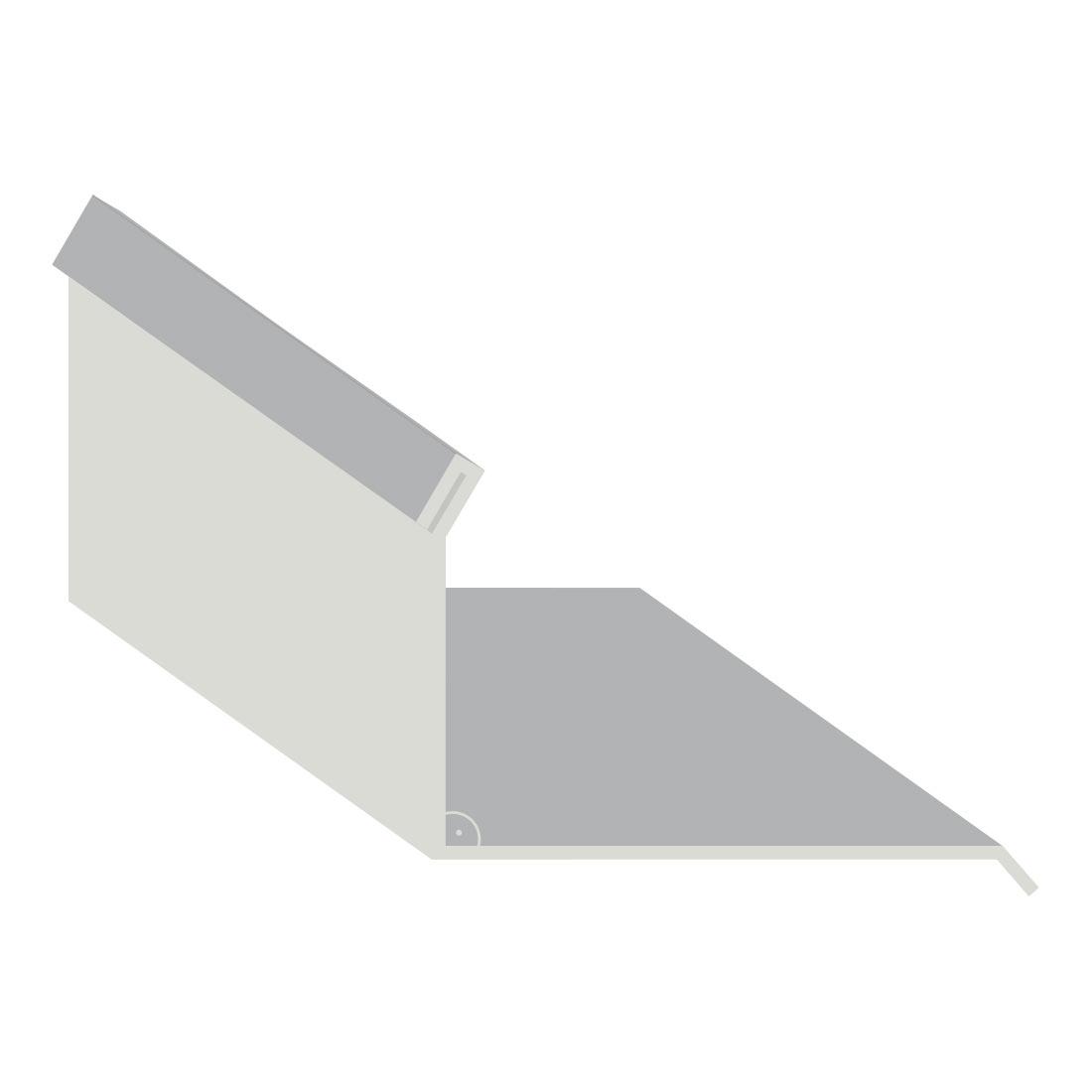 Illustration eines seitlichen Wandanschlusses in Weißaluminium, verwendet für Dacheindeckungen, zeigt die Verbindungslinie zwischen Dach- und Wandfläche in isometrischer Ansicht.