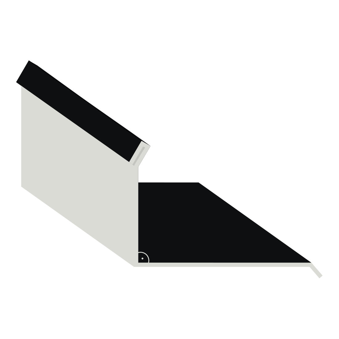 Illustration eines seitlichen Wandanschlusses in Tiefschwarz, verwendet für Dacheindeckungen, zeigt die Verbindungslinie zwischen Dach- und Wandfläche in isometrischer Ansicht.