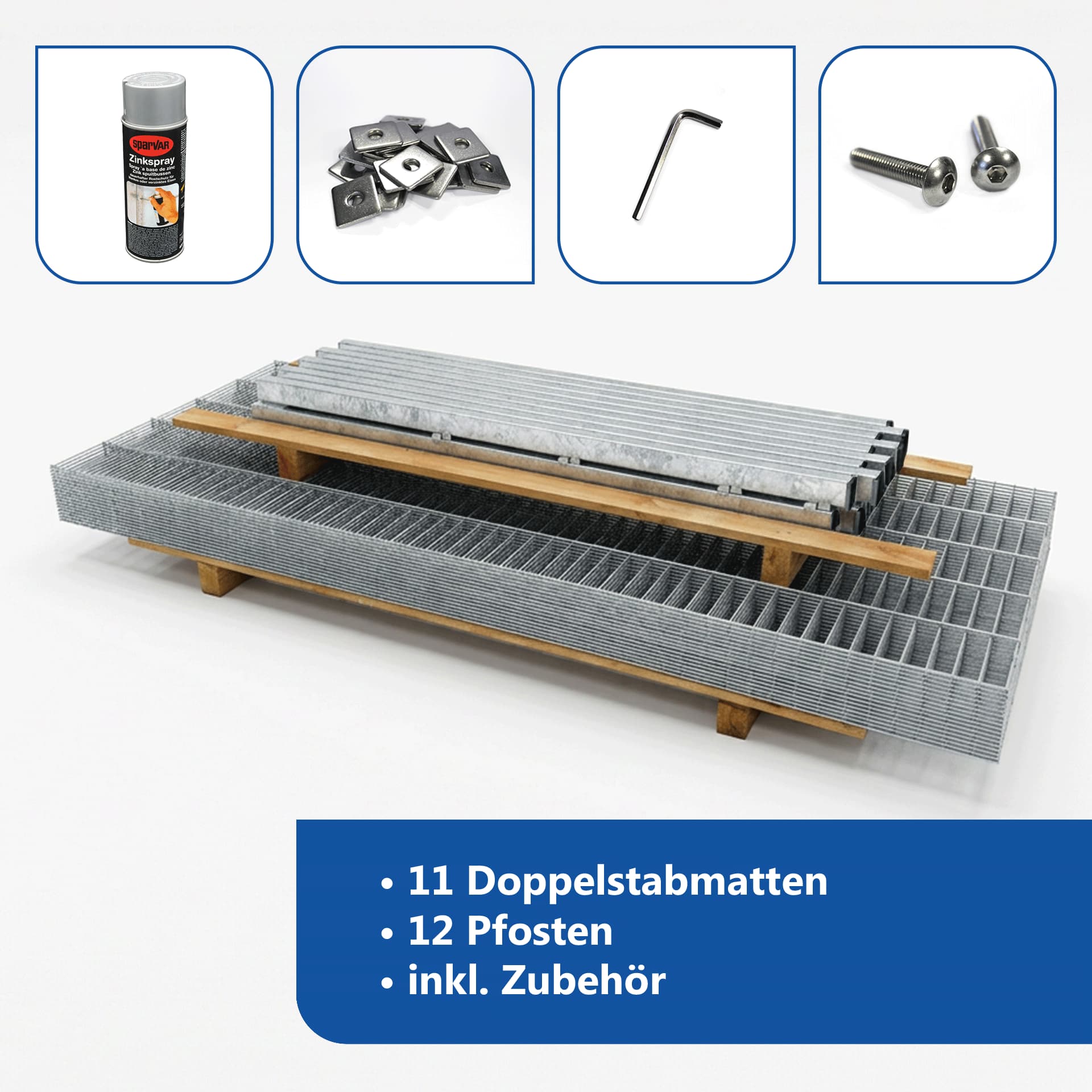 Zaunset 27,5 m mit Doppelstabmatten, Pfosten und Zaunzubehör in verzinkt