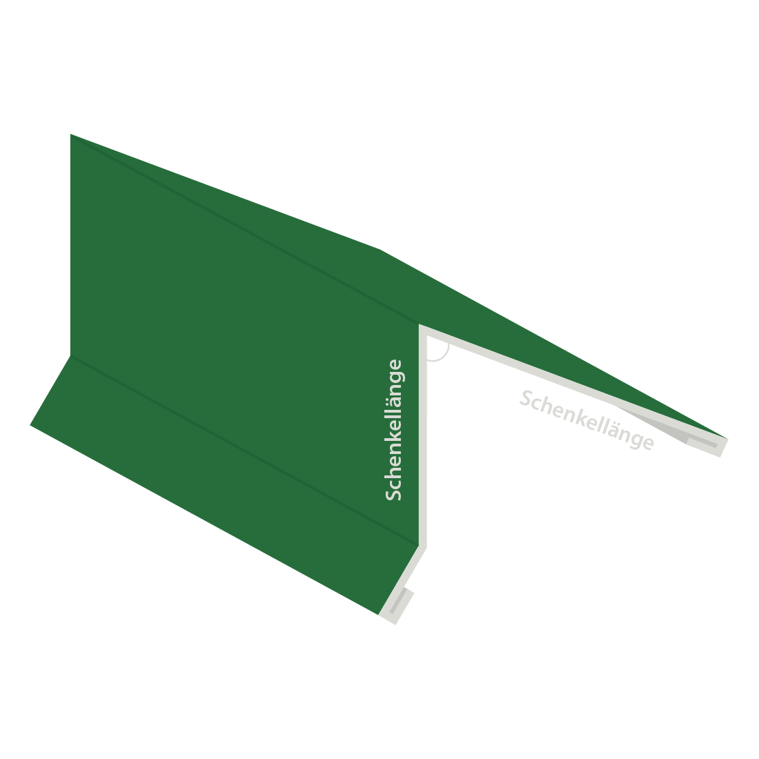 Grünes Pultfirst-Kantblech mit der Aufschrift "Schenkellänge" und "DN*", verwendet im Dachbau zur Kantenabdeckung, von der Website von Nordbleche.