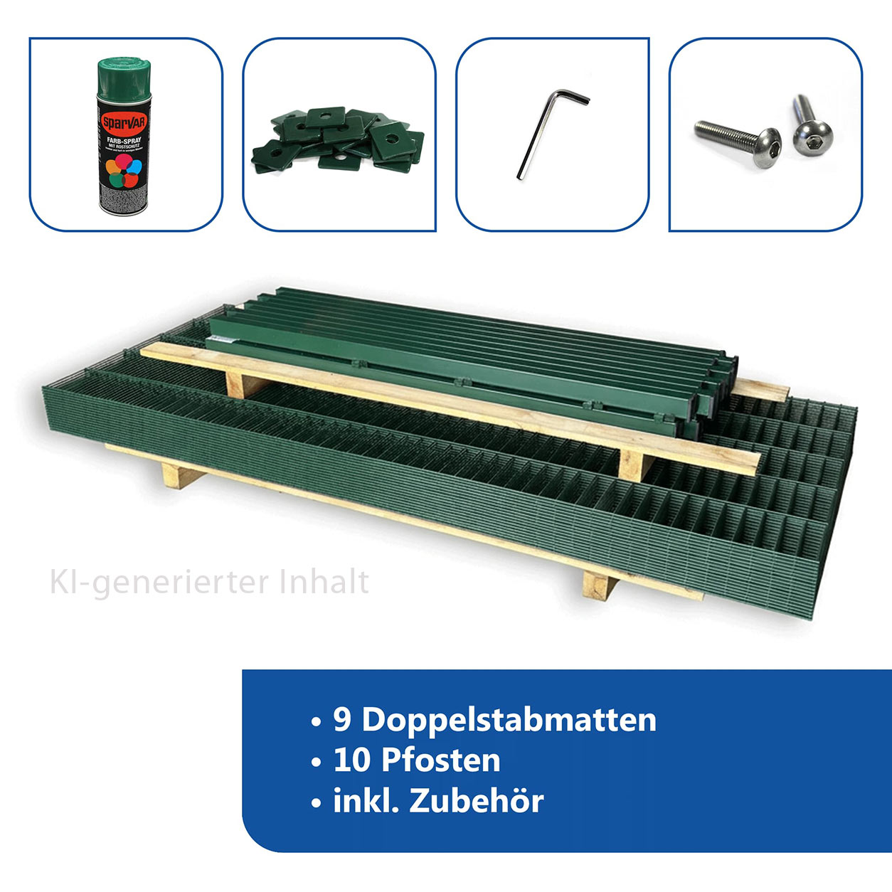 Zaunset 22,5 m mit Doppelstabmatten, Pfosten und Zaunzubehör in Grün. Dieser Inhalt ist KI-generiert.