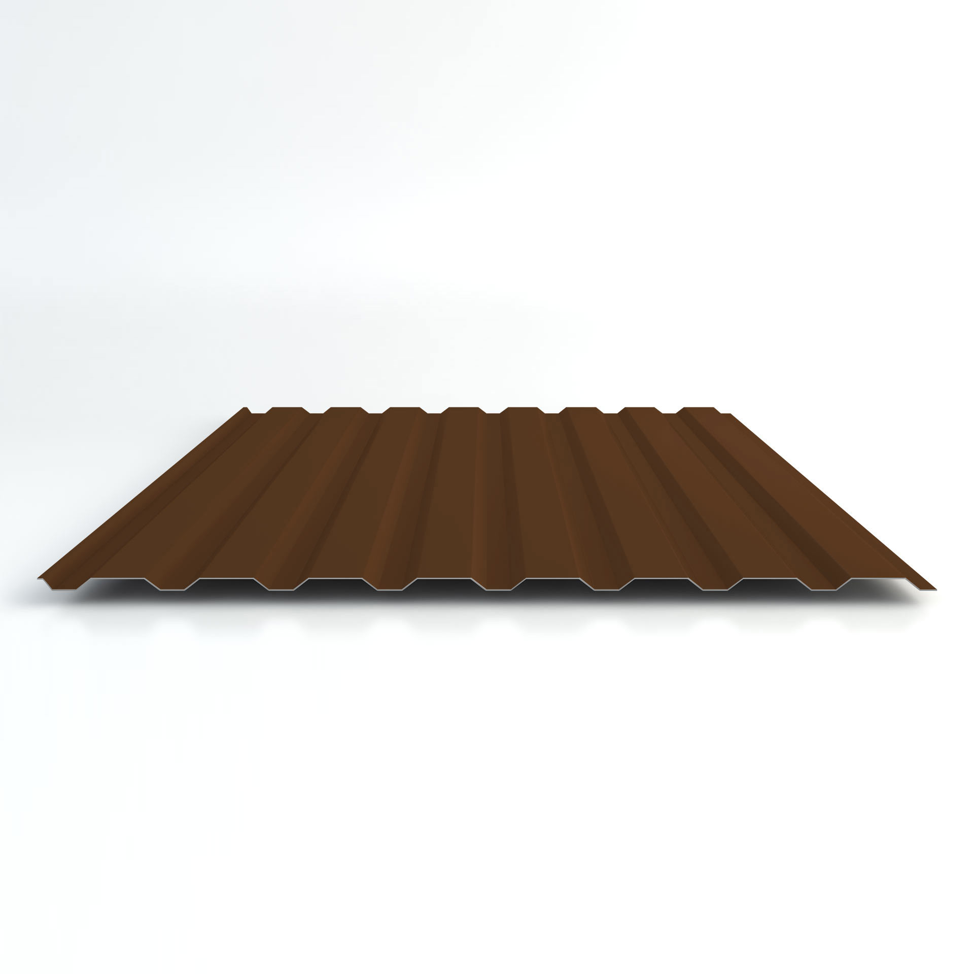 Trapezblech mit Profil 19/137, Farbe RAL 8011, für Wandverkleidung. Rechteckiges, wellenförmiges Metallblech mit mattem Finish auf weißem Hintergrund.