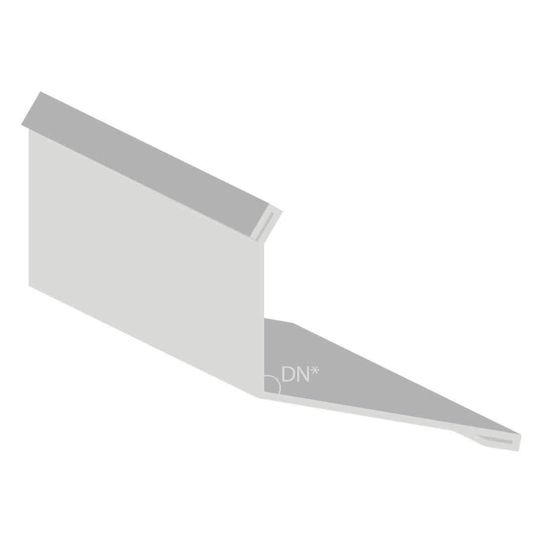 Weißaluminium Stirnblech Wandanschluss mit RAL9006 Farbe, rechteckiger Kantenflansch und spitz zulaufendem Ende, gekennzeichnet mit "DN*", gegen weißen Hintergrund.