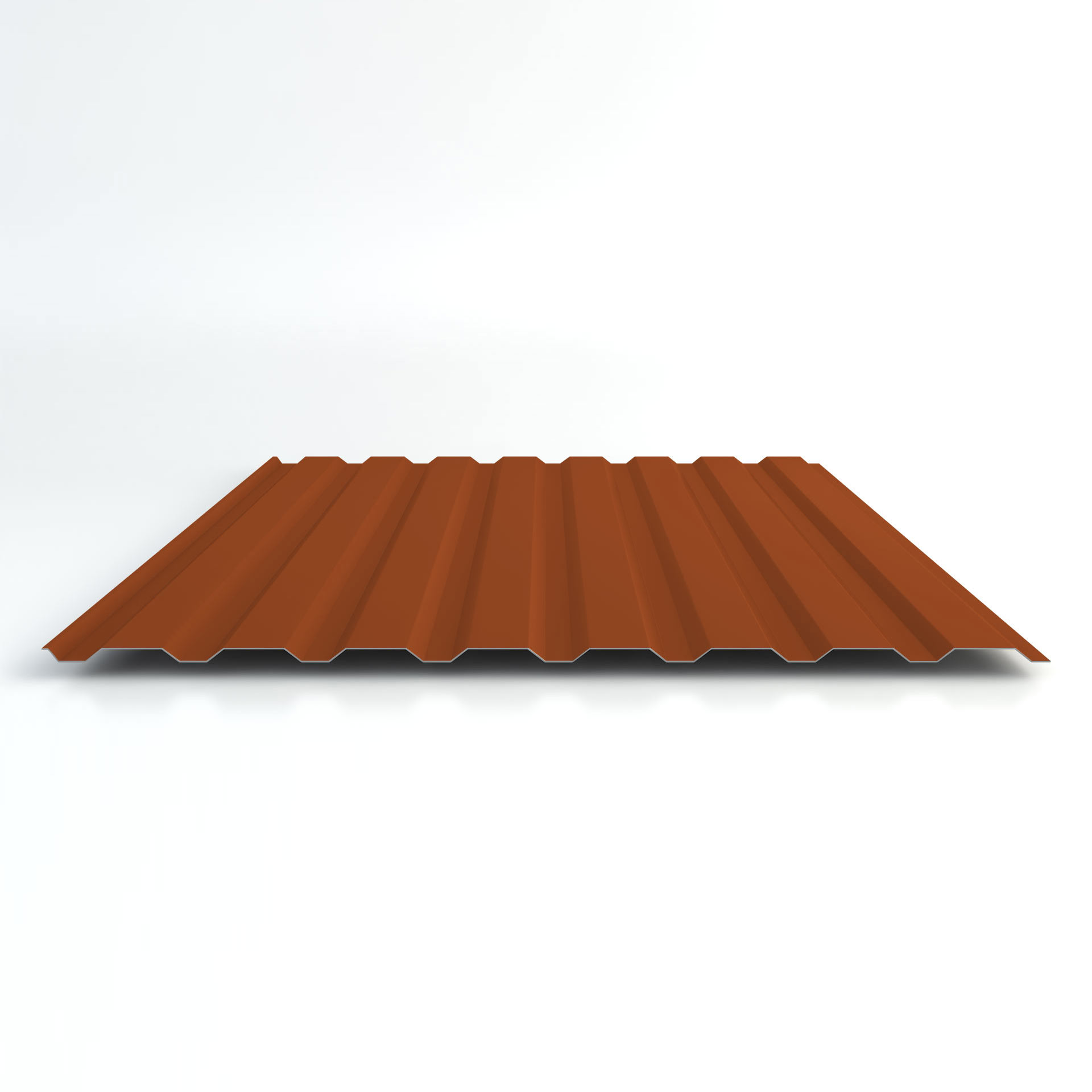 Trapezblech mit Profil 19/137, Farbe RAL 8004, für Wandverkleidung. Rechteckiges, wellenförmiges Metallblech mit mattem Finish auf weißem Hintergrund.