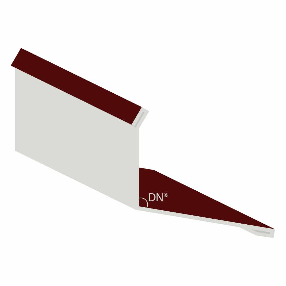 Rotbraunes Stirnblech Wandanschluss mit RAL8012 Farbe, rechteckiger Kantenflansch und spitz zulaufendem Ende, gekennzeichnet mit "DN*", gegen weißen Hintergrund.