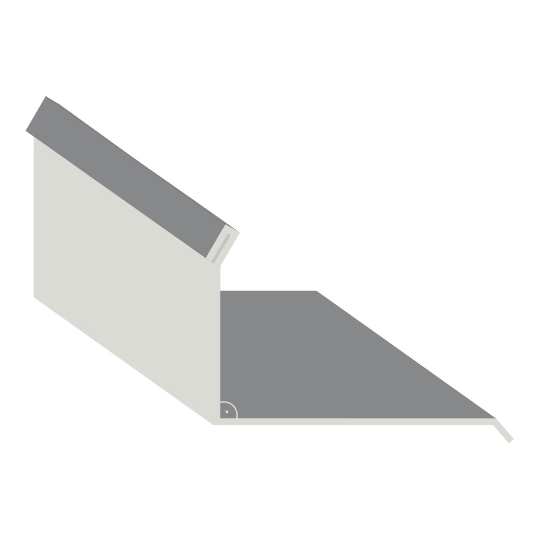 Illustration eines seitlichen Wandanschlusses in Graualuminium, verwendet für Dacheindeckungen, zeigt die Verbindungslinie zwischen Dach- und Wandfläche in isometrischer Ansicht.