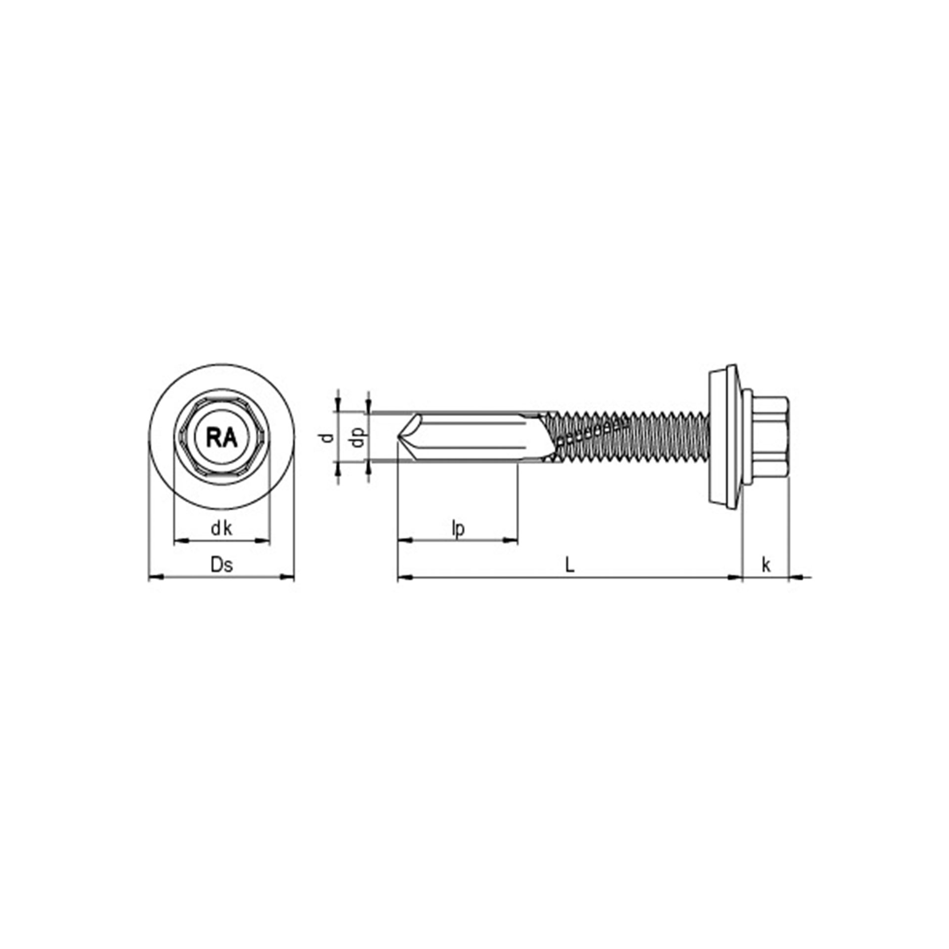 Skizze der Bohrschraube 5,5 x 38 mm aus Bimetall (Edelstahl A2/Stahl) in der Farbe blank.