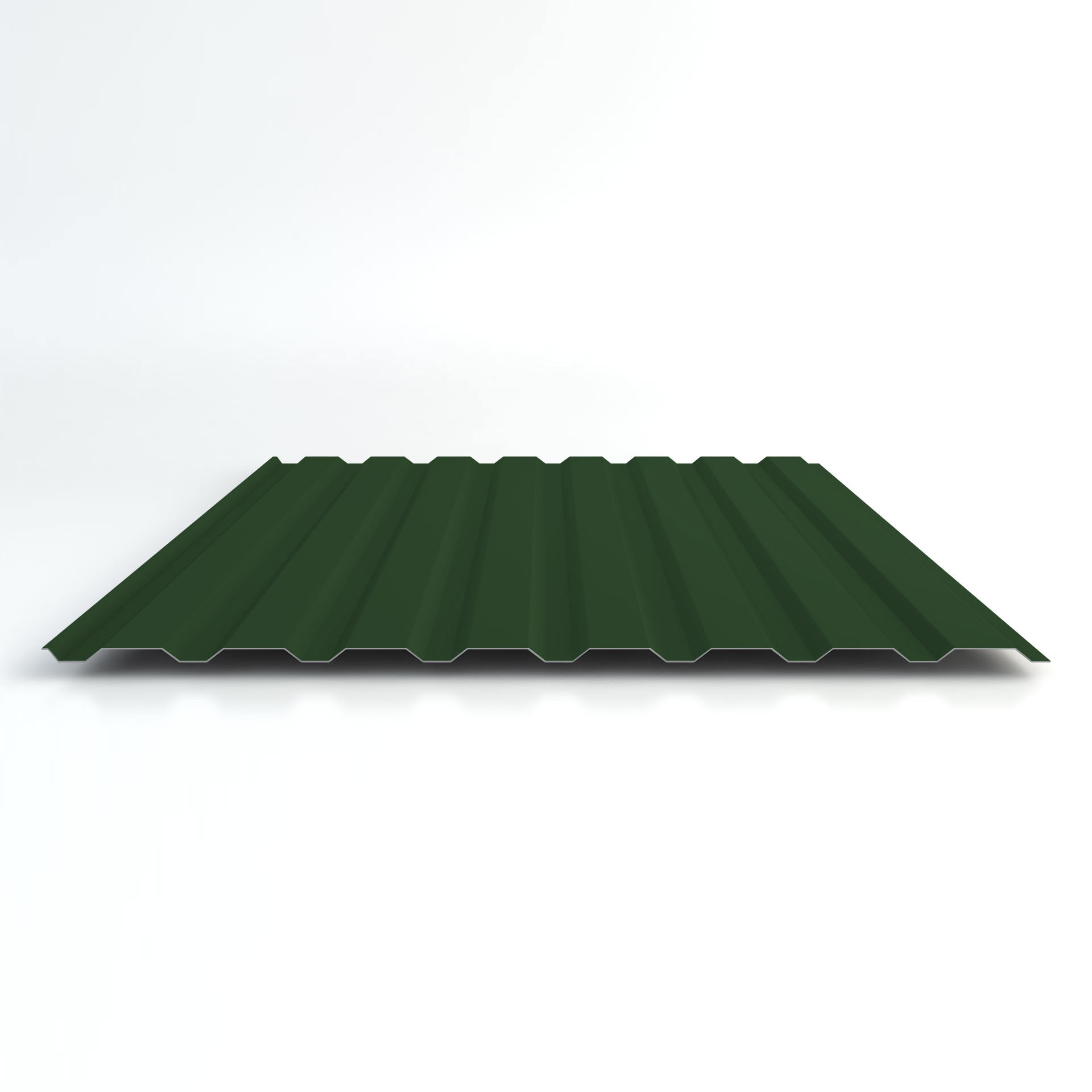 Trapezblech mit Profil 19/137, Farbe RAL 6020, für Wandverkleidung. Rechteckiges, wellenförmiges Metallblech mit mattem Finish auf weißem Hintergrund.