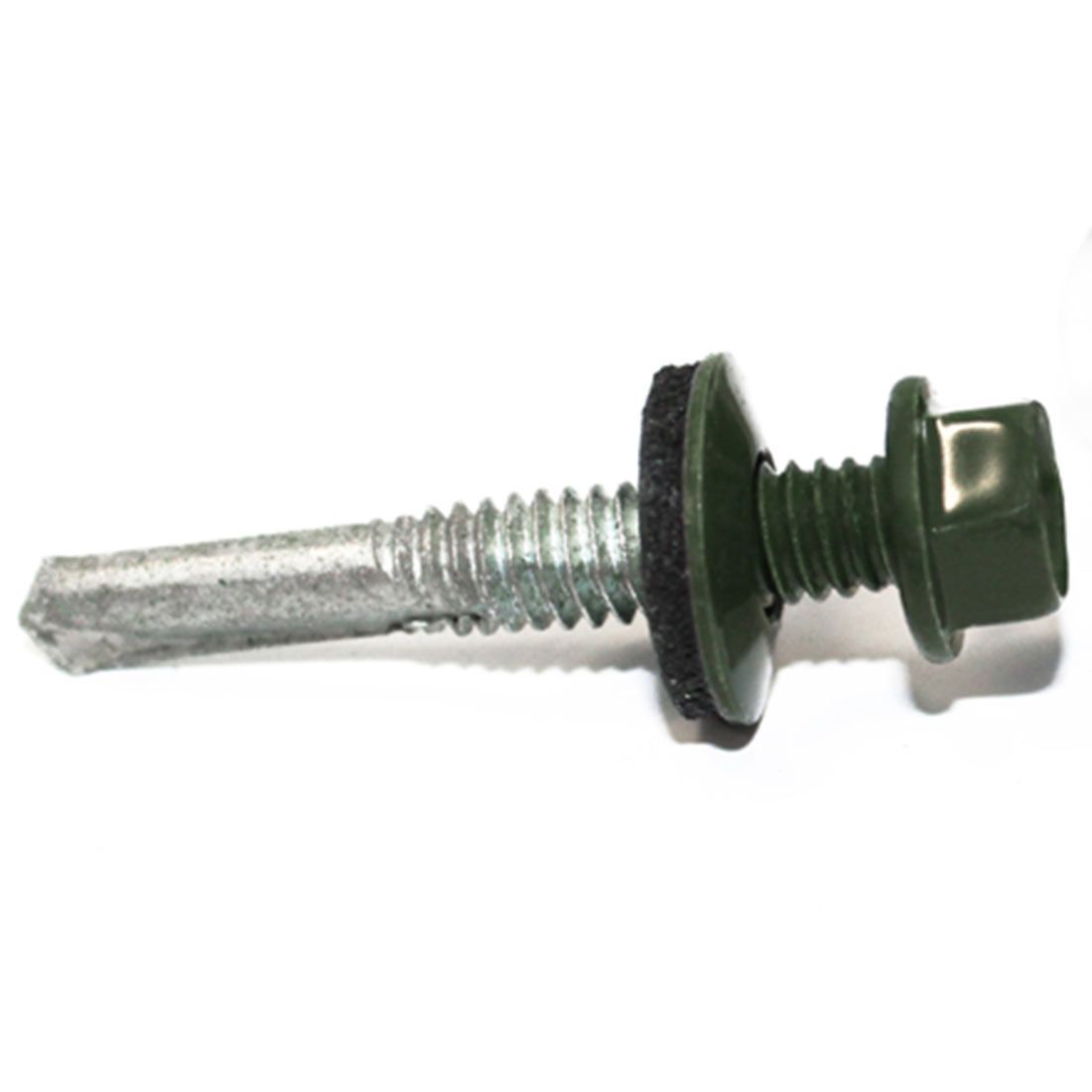 Grüne Trapezblechschraube 5,5x35mm RAL6020 mit Bohrspitze und Unterlegscheibe, geeignet für Befestigungen in Trapezblechen, Seitenansicht auf weißem Hintergrund.