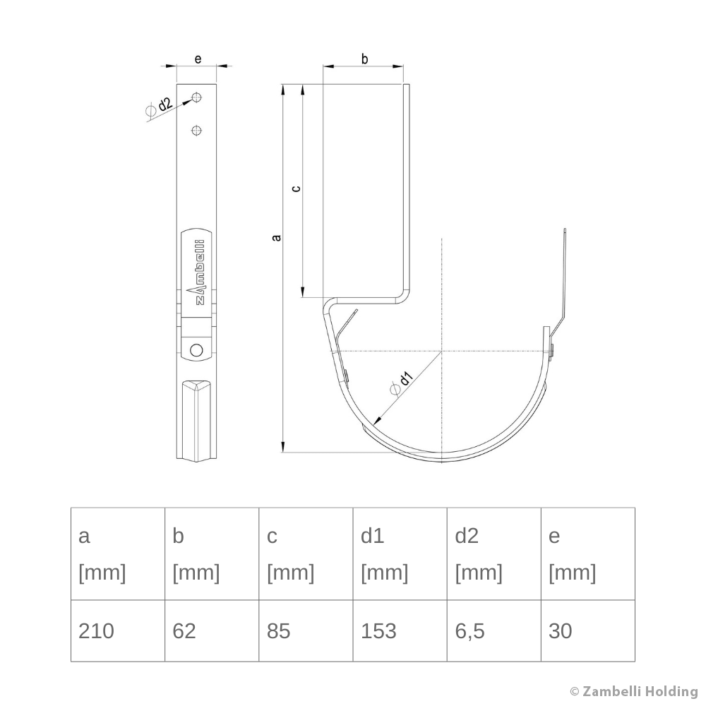 Technische Daten der Rinnenhaken für Sandwichpaneele mit 40-60mm Kerndicke, aus dem Rinnenhaken-Set von Zambelli