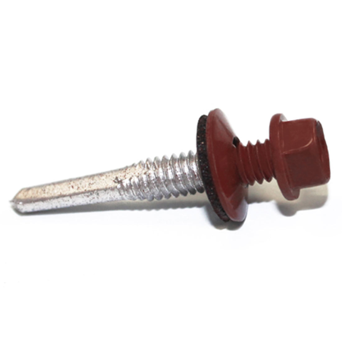 Sechskantbohrschraube 5,5x35mm mit RAL 8012 in rostfreiem Metall, roter Kopf und Dichtungsscheibe für Trapezblechbefestigung im Bauwesen.