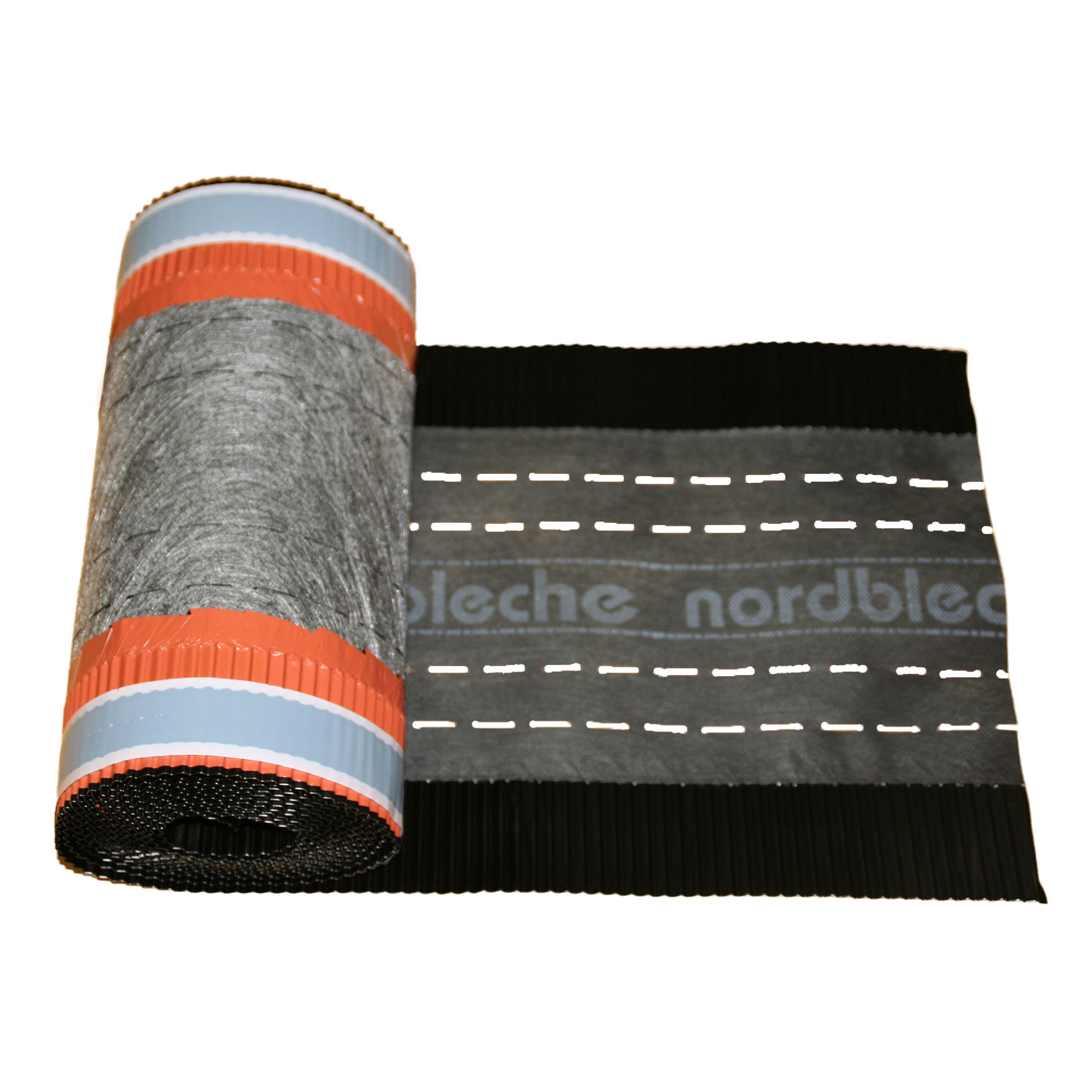 Rolle eines schwarzen Lüftungsbands mit orange und blau eingefassten Kanten und eingewebtem "nordbleche"-Logo, für die Dachbe- und entlüftung.