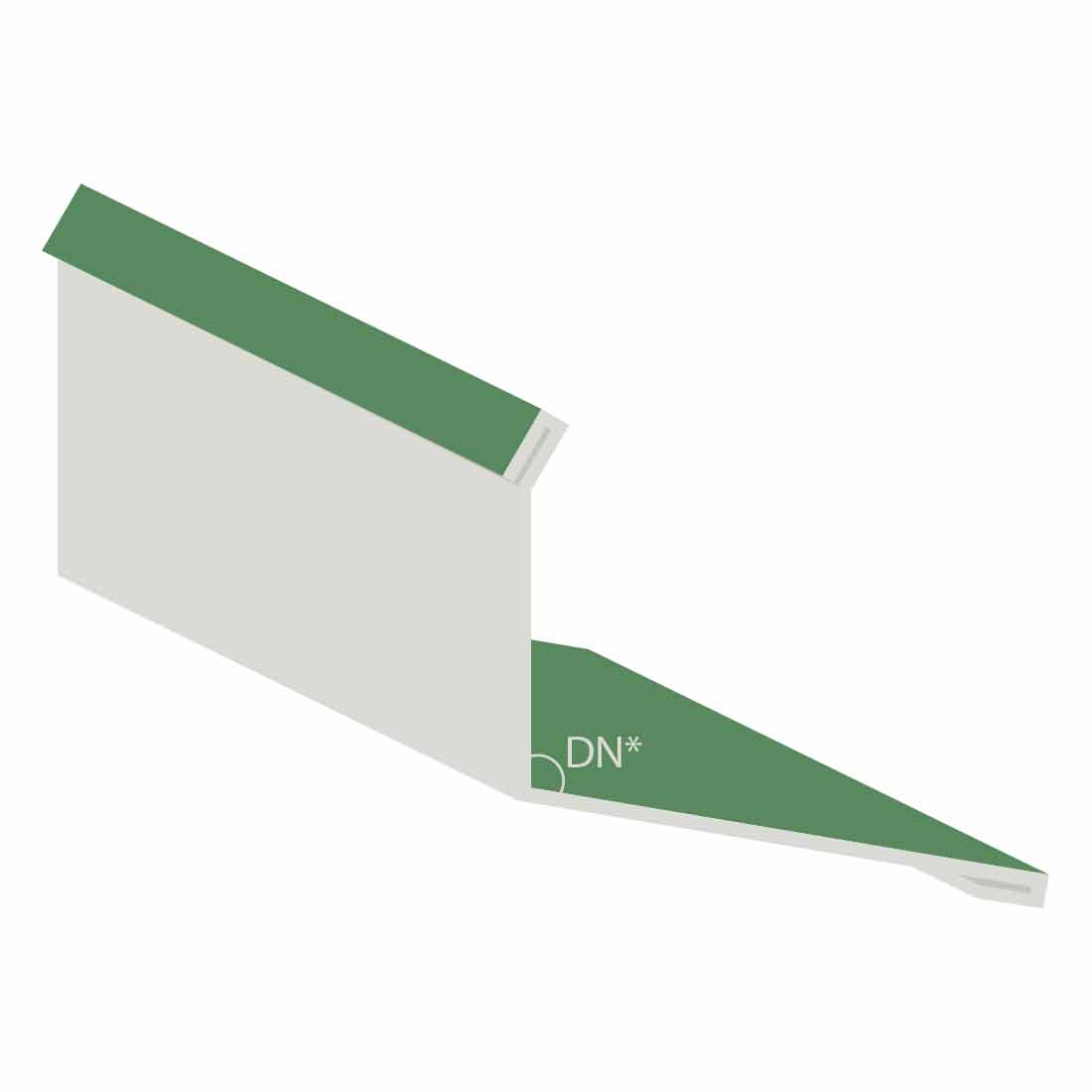 Hellgrünes Stirnblech Wandanschluss mit RAL6011 Farbe, rechteckiger Kantenflansch und spitz zulaufendem Ende, gekennzeichnet mit "DN*", gegen weißen Hintergrund.