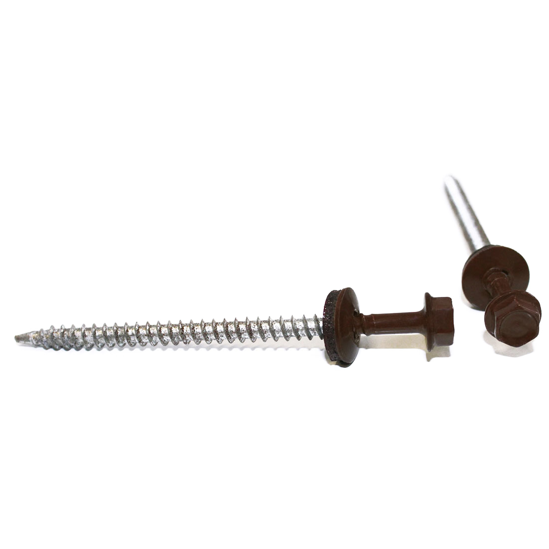 Sechskantbohrschraube 4,8x80 mm mit RAL 8011 in rostfreiem Metall, Nussbrauner Kopf und Dichtungsscheibe für Trapezblechbefestigung im Bauwesen.