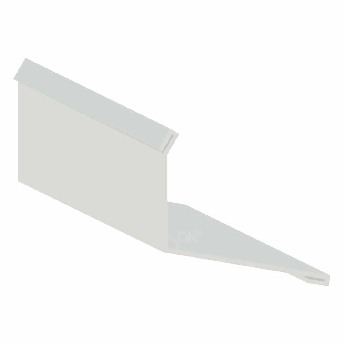 Graues Stirnblech Wandanschluss mit RAL7035 Farbe, rechteckiger Kantenflansch und spitz zulaufendem Ende, gekennzeichnet mit "DN*", gegen weißen Hintergrund.