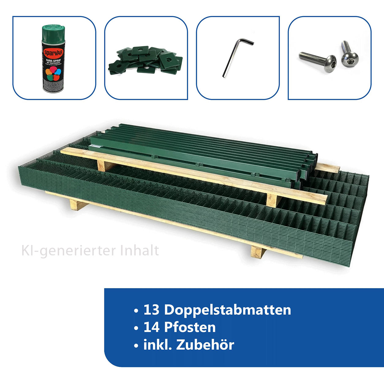 Zaunset 32,5 m mit Doppelstabmatten, Pfosten und Zaunzubehör in Grün. Dieser Inhalt ist KI-generiert.