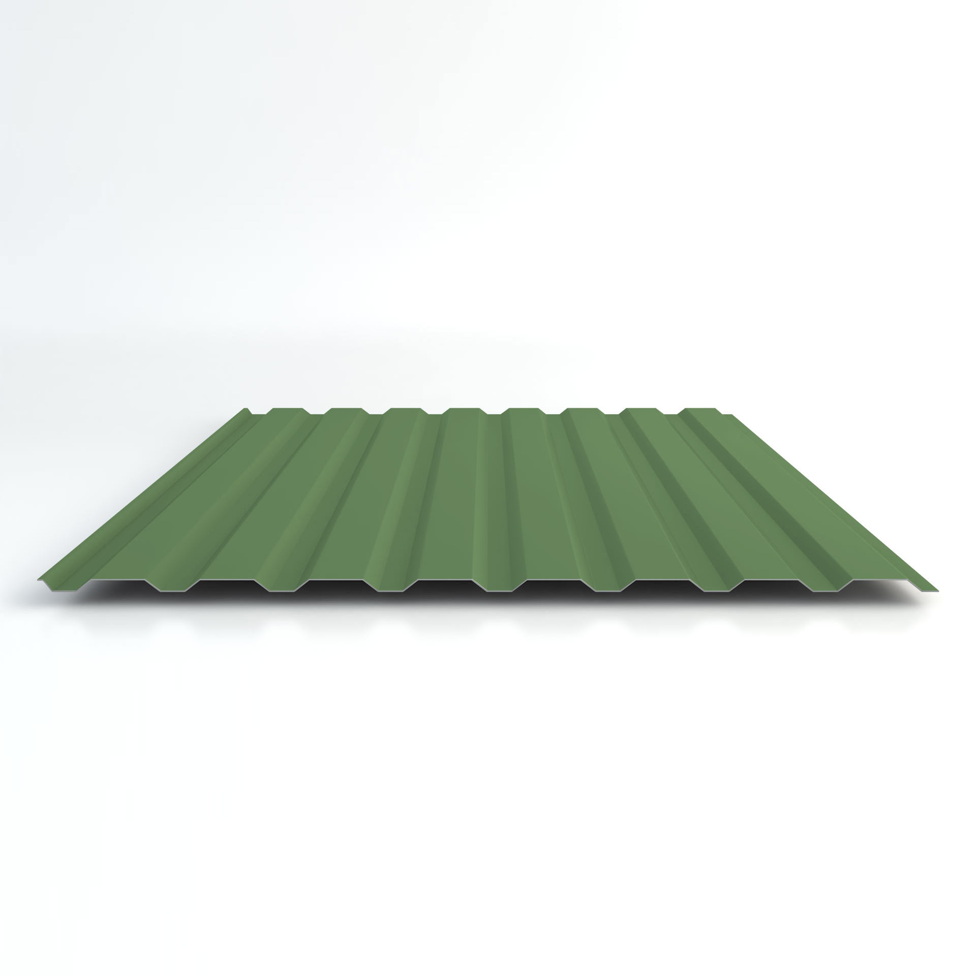 Trapezblech mit Profil 19/137, Farbe RAL 6011, für Wandverkleidung. Rechteckiges, wellenförmiges Metallblech mit mattem Finish auf weißem Hintergrund.