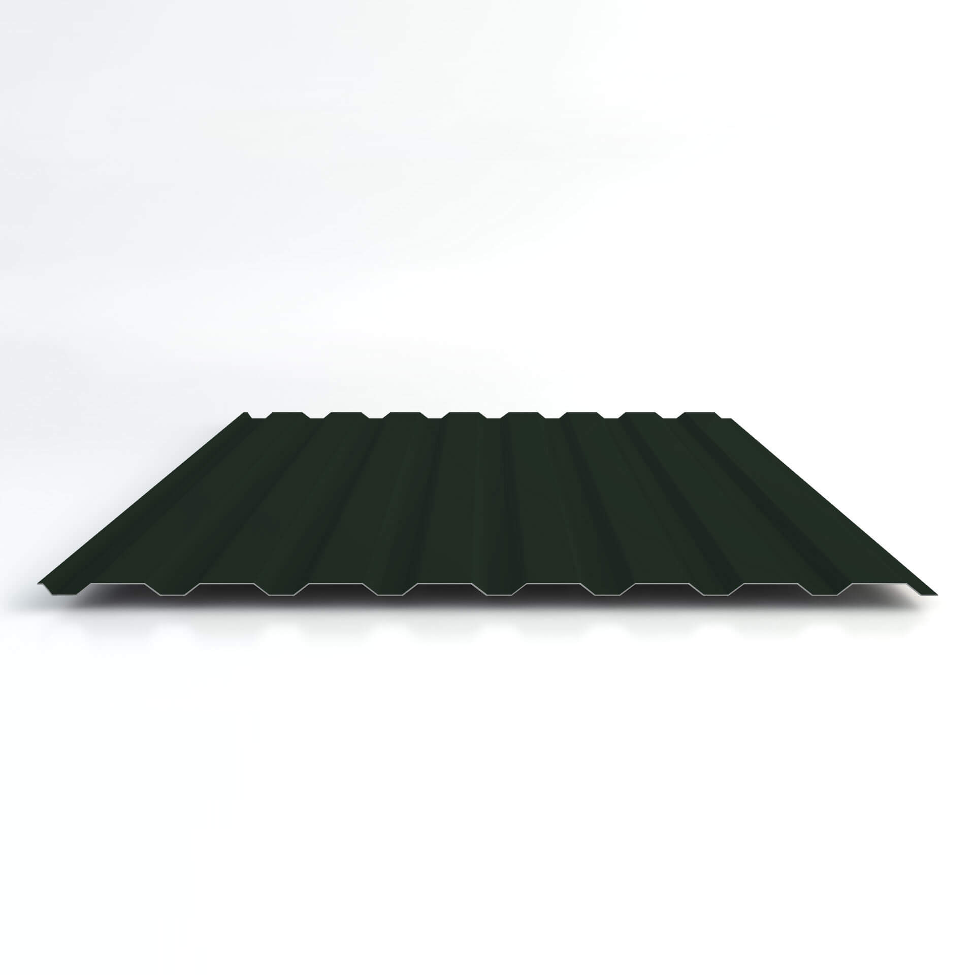 Dunkelgrünes Trapezblech in RAL 6009 für Wandverkleidung mit Wellmuster, querliegend auf weißem Hintergrund. Ideal für Bauprojekte und industrielle Anwendungen.