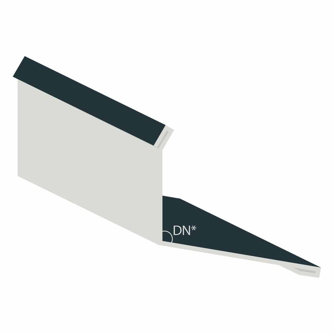 Anthrazites Stirnblech Wandanschluss mit RAL7016 Farbe, rechteckiger Kantenflansch und spitz zulaufendem Ende, gekennzeichnet mit "DN*", gegen weißen Hintergrund.