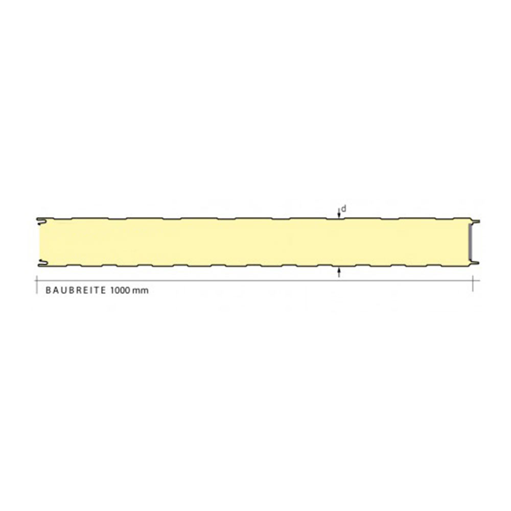 Sandwichprofil als Querschnitt des Schaumstoffes. Baubreite 1000 mm und einer variablen Dicke/Kern
