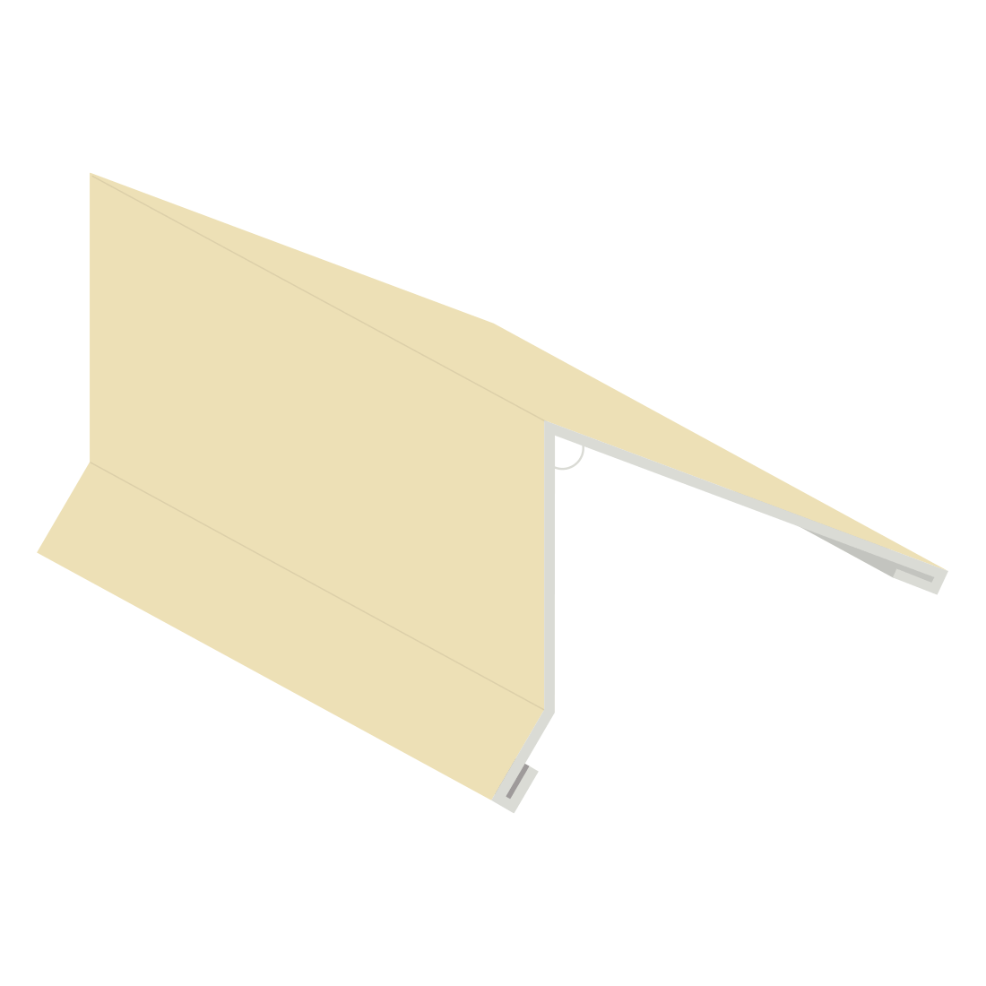 Illustration eines Pultfirsts in RAL1015 (hellbeige) für Dachkonstruktionen, zeigt eine schräge Metallverkleidung mit Seitenansicht, ideal zur Abdichtung von Dachkanten.