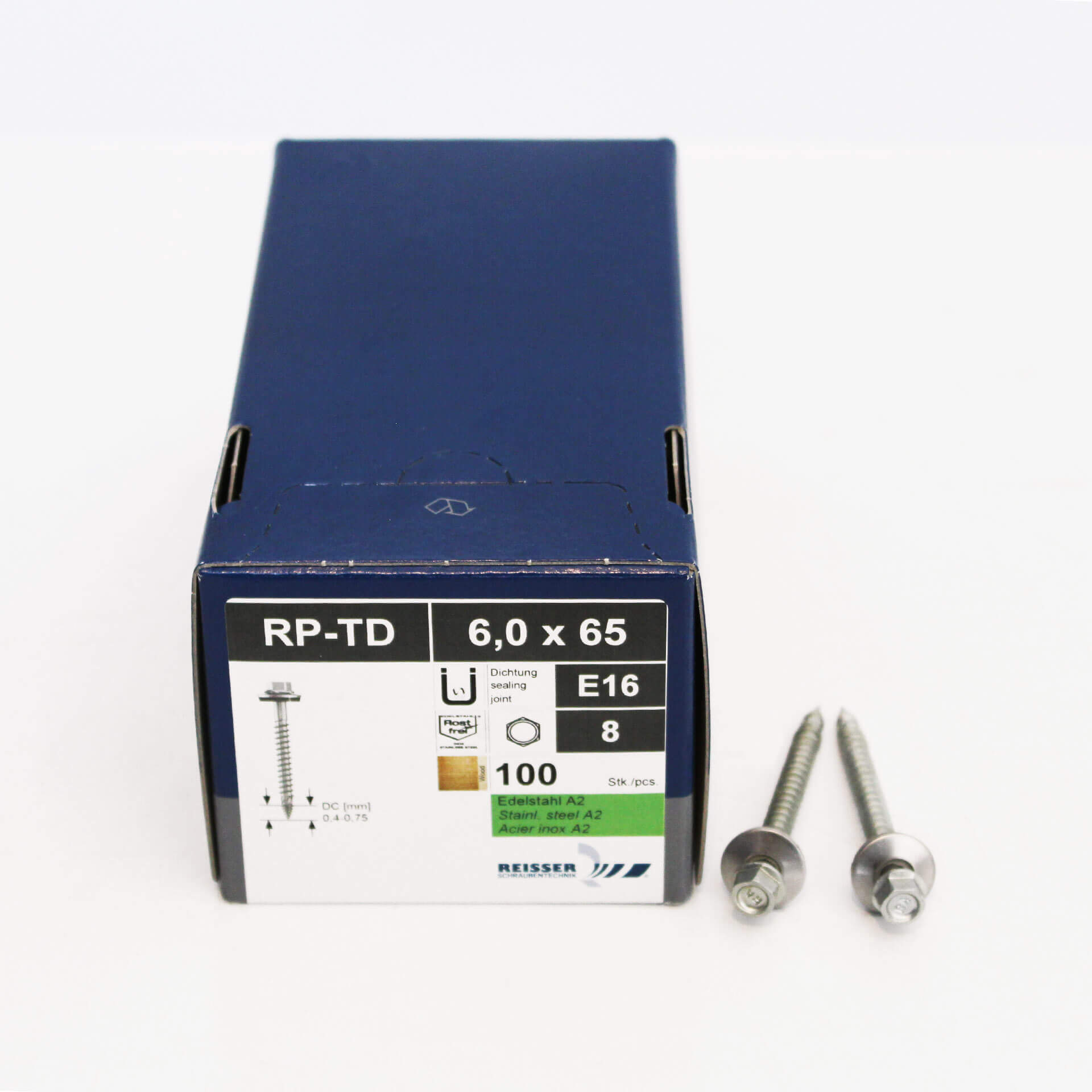 Sandwich-Bohrschraube spanlos 6,0 x 65 mm, E16, Bimetall, blank Schachtel mit 100 Edelstahl-Bohrschrauben RP-TD 6,0 x 65 mm und Dichtung, Abbildung von zwei Schrauben mit Sechskantkopf daneben, Marke Reisser.