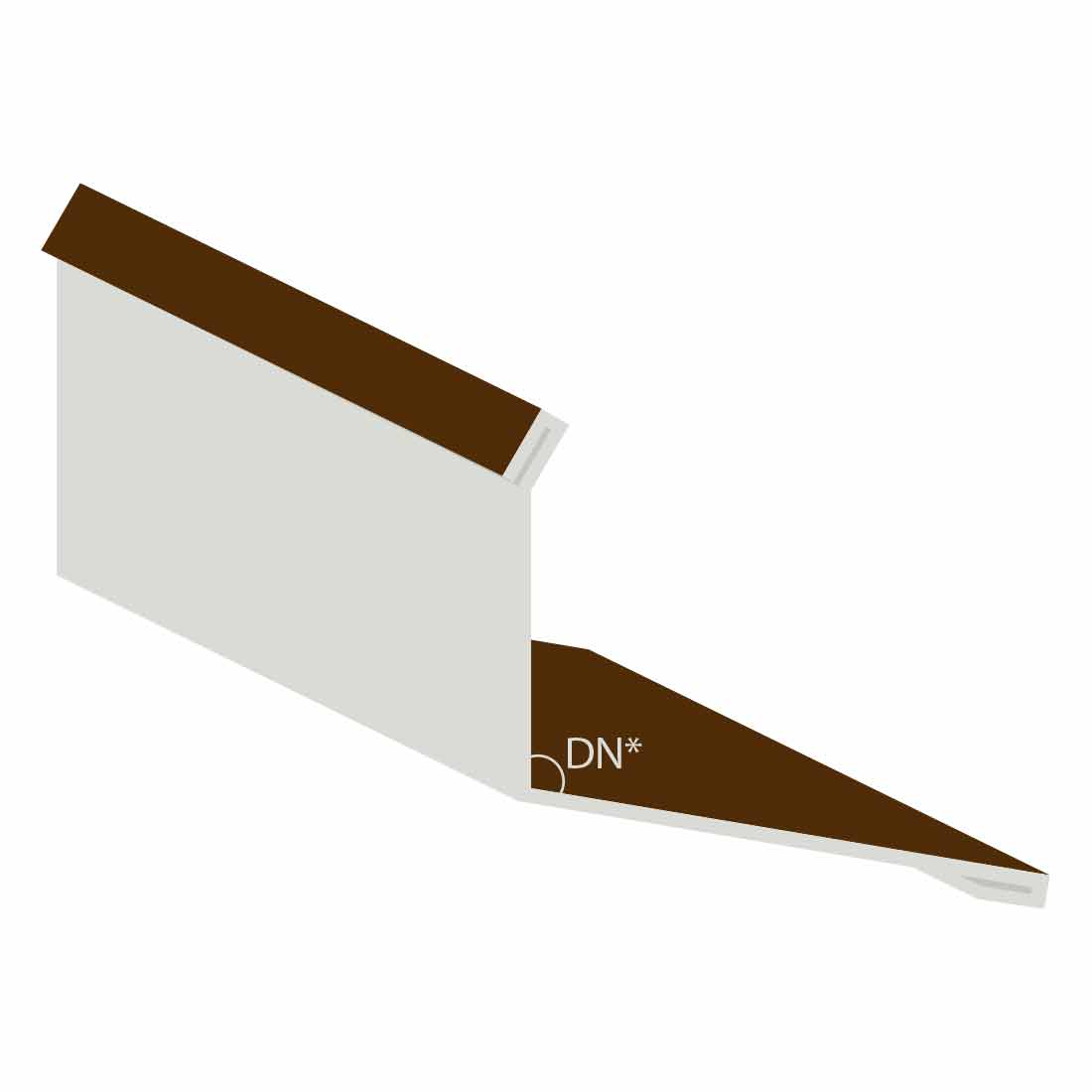 Nussbraunes Stirnblech Wandanschluss mit RAL8011 Farbe, rechteckiger Kantenflansch und spitz zulaufendem Ende, gekennzeichnet mit "DN*", gegen weißen Hintergrund.