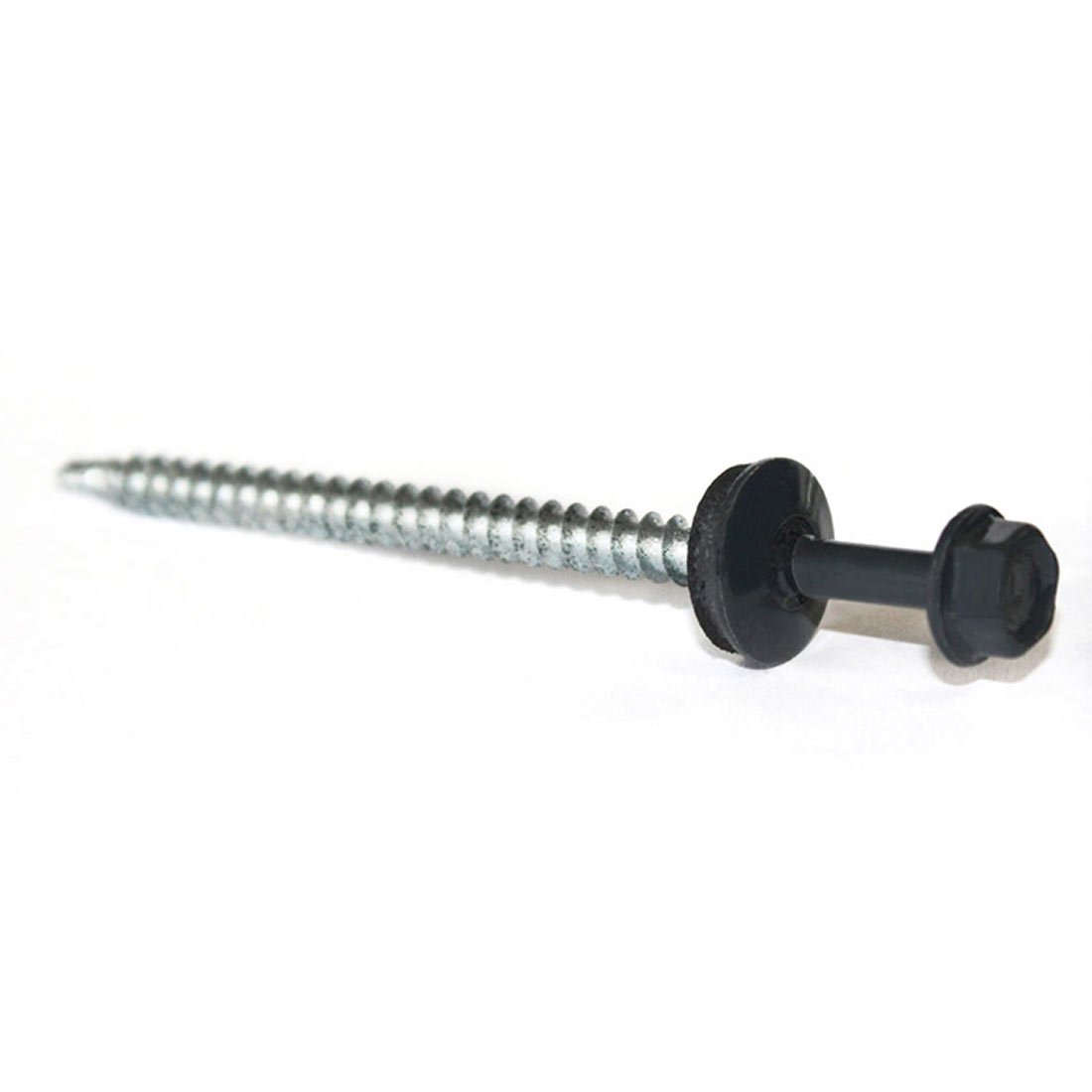 Sechskantbohrschraube 4,8x80 mm mit RAL 7016 in rostfreiem Metall, Anthrazit Kopf und Dichtungsscheibe für Trapezblechbefestigung im Bauwesen.