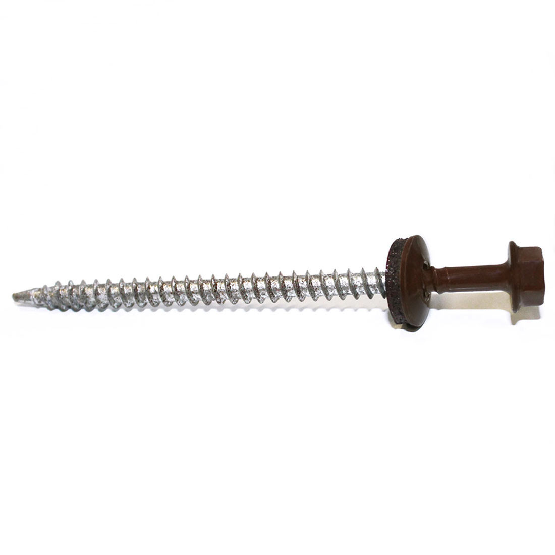 Sechskantbohrschraube 4,8x80 mm mit RAL 8011 in rostfreiem Metall, Nussbrauner Kopf und Dichtungsscheibe für Trapezblechbefestigung im Bauwesen.
