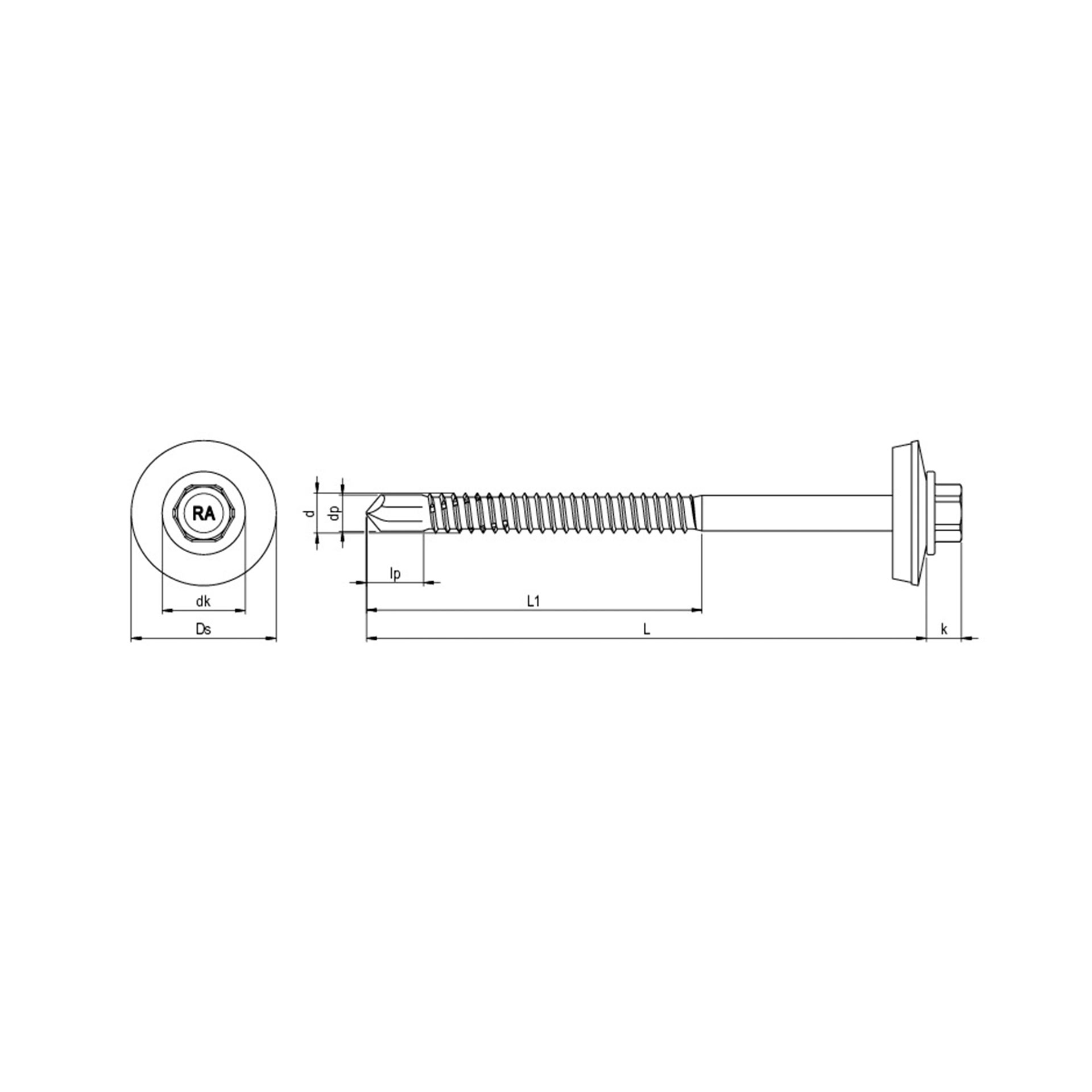 Abbildung der technischen Skizze einer Sandwich-Bohrschraube 6,5 x 235 mm, seitlich dargestellt mit Maßangaben, auf weißem Hintergrund.