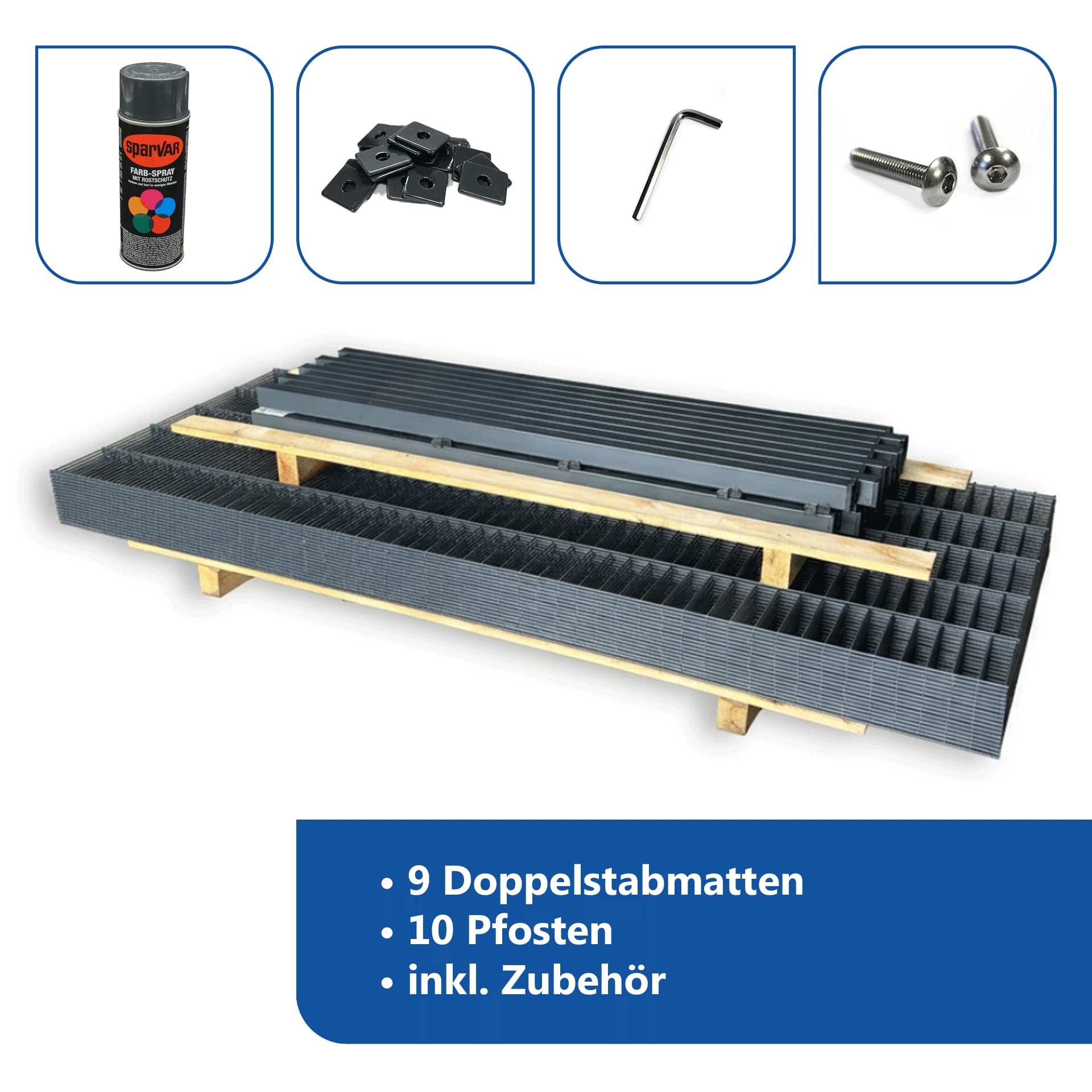 Zaunset 22,5 m mit Doppelstabmatten, Pfosten und Zaunzubehör in Anthrazit.