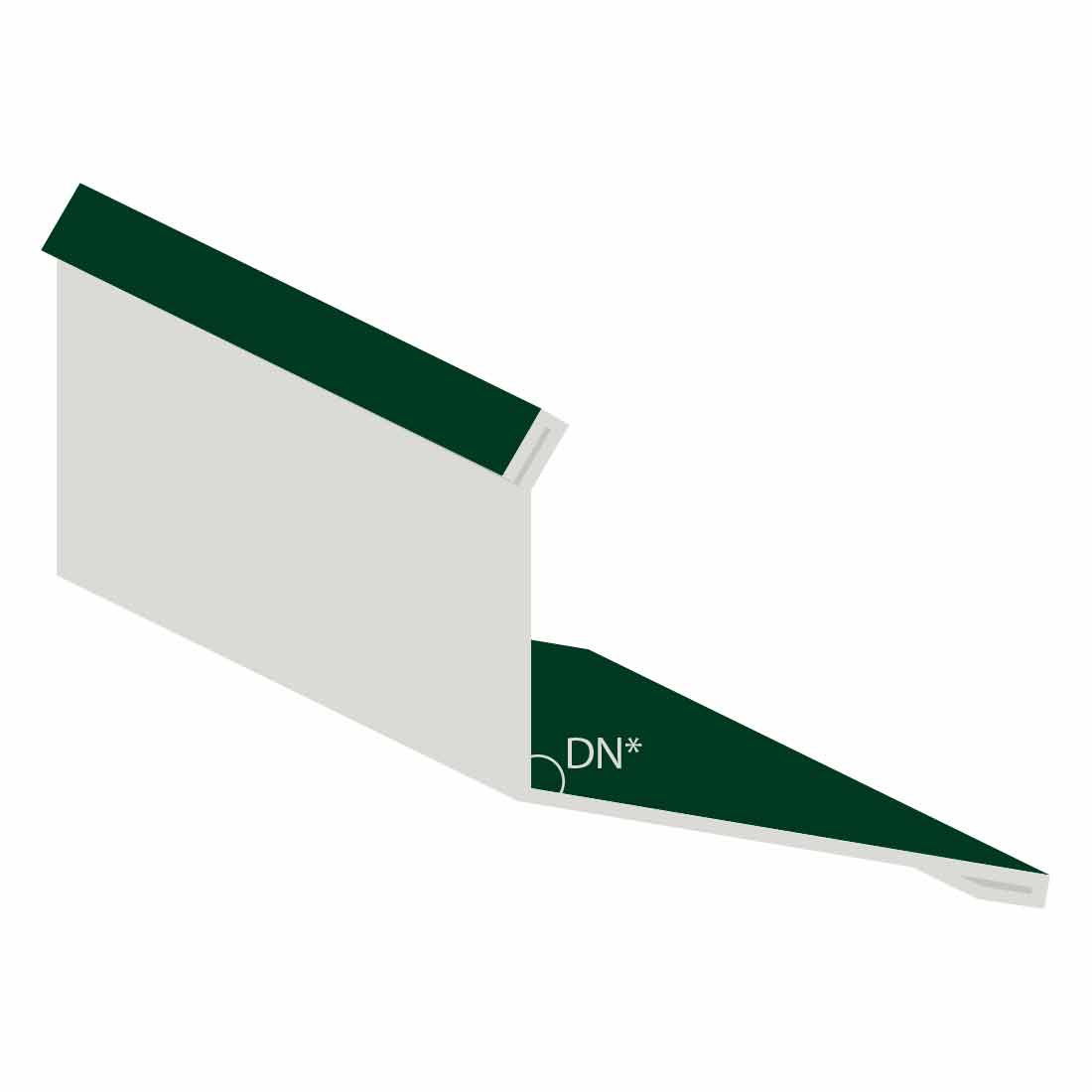 Tannengrünes Stirnblech Wandanschluss mit RAL6009 Farbe, rechteckiger Kantenflansch und spitz zulaufendem Ende, gekennzeichnet mit "DN*", gegen weißen Hintergrund.